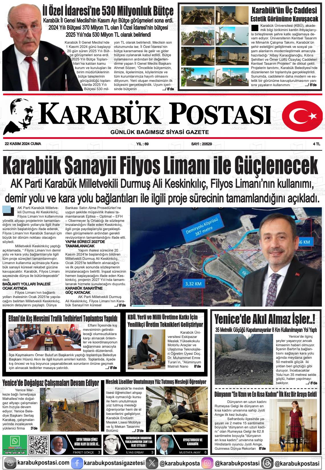 22 Kasım 2024 Karabük Postası Gazete Manşeti