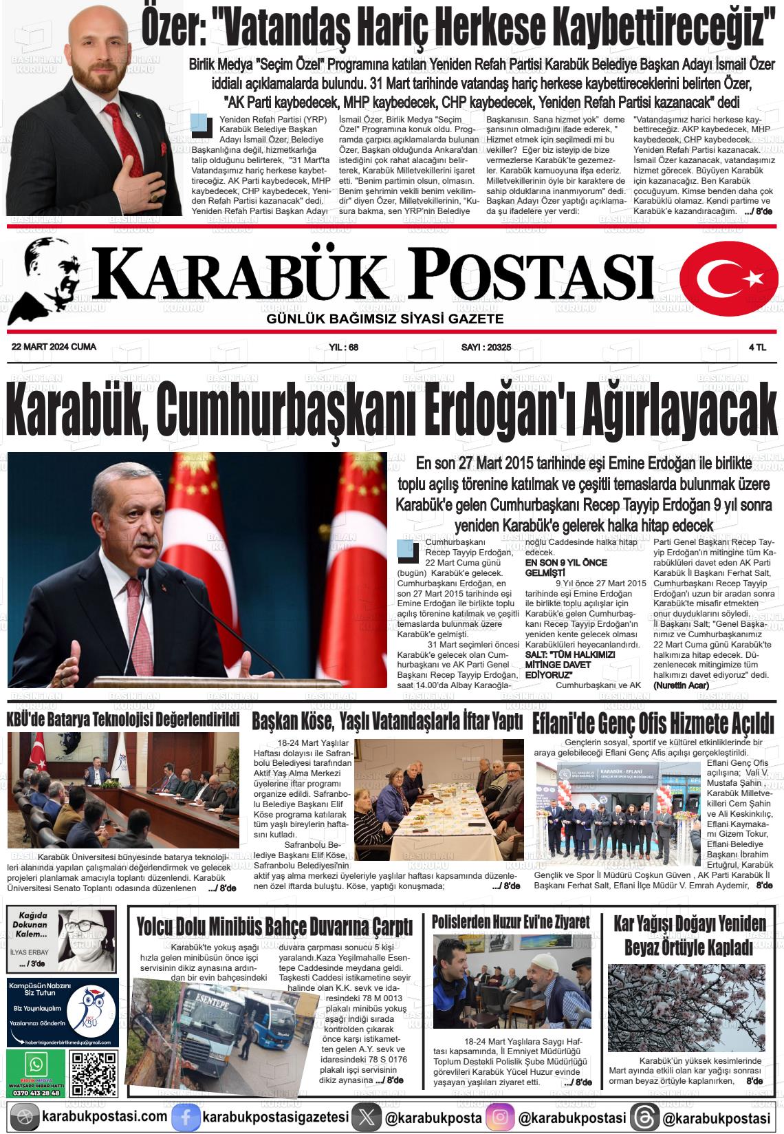 22 Mart 2024 Karabük Postası Gazete Manşeti