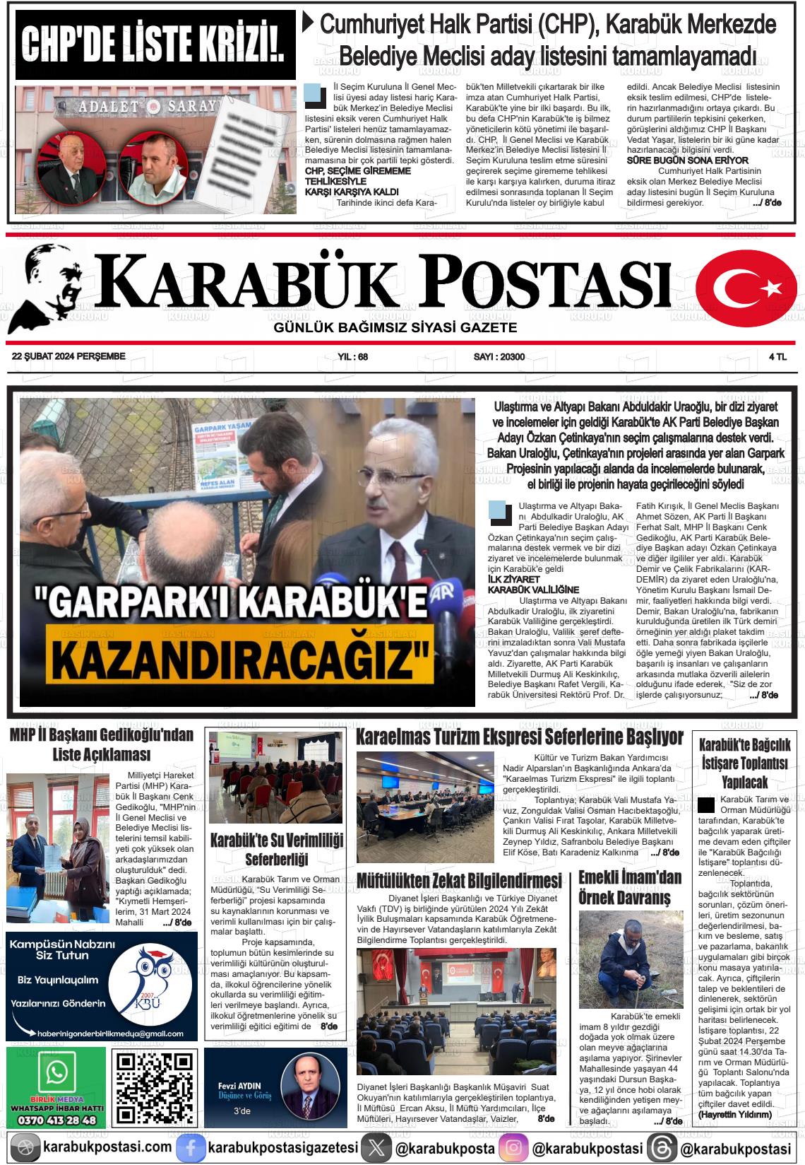 22 Şubat 2024 Karabük Postası Gazete Manşeti