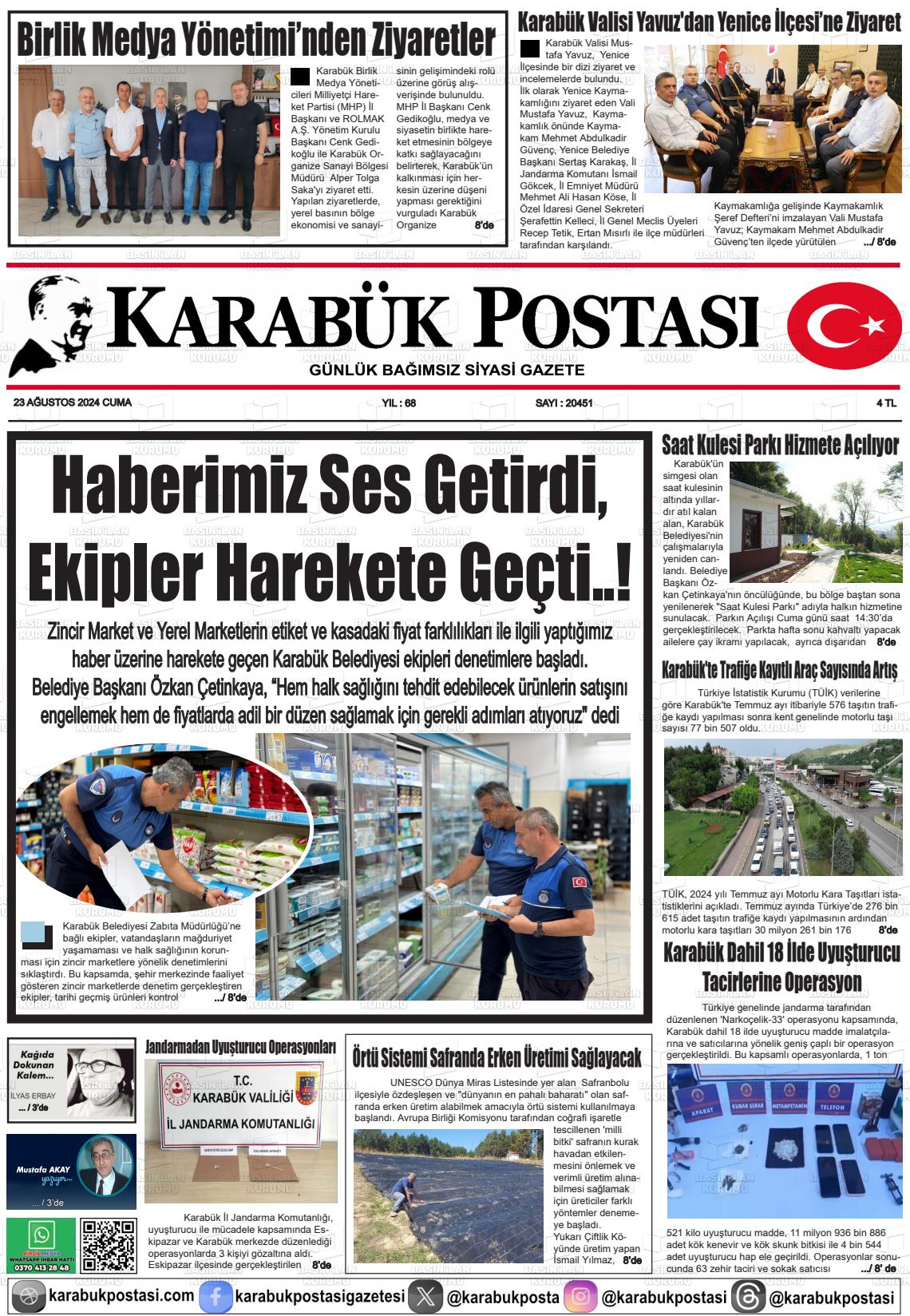 23 Ağustos 2024 Karabük Postası Gazete Manşeti