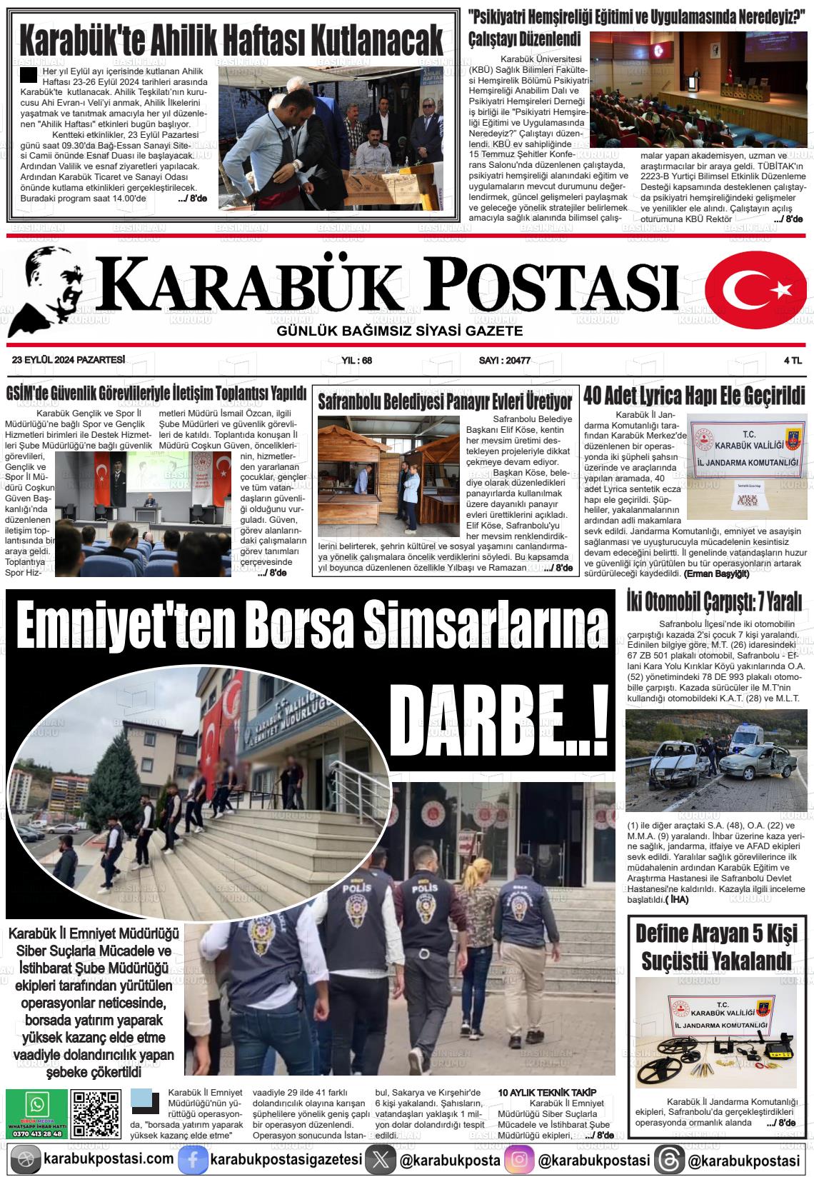 23 Eylül 2024 Karabük Postası Gazete Manşeti