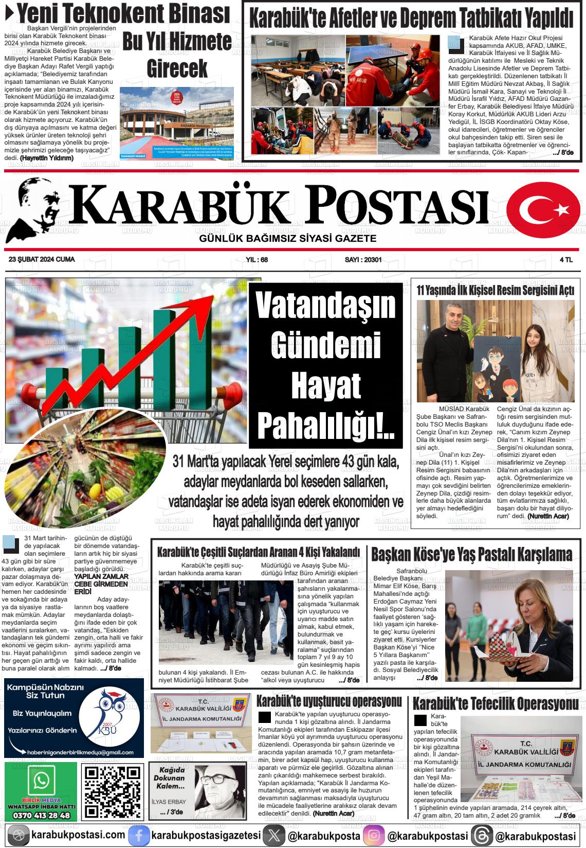 23 Şubat 2024 Karabük Postası Gazete Manşeti