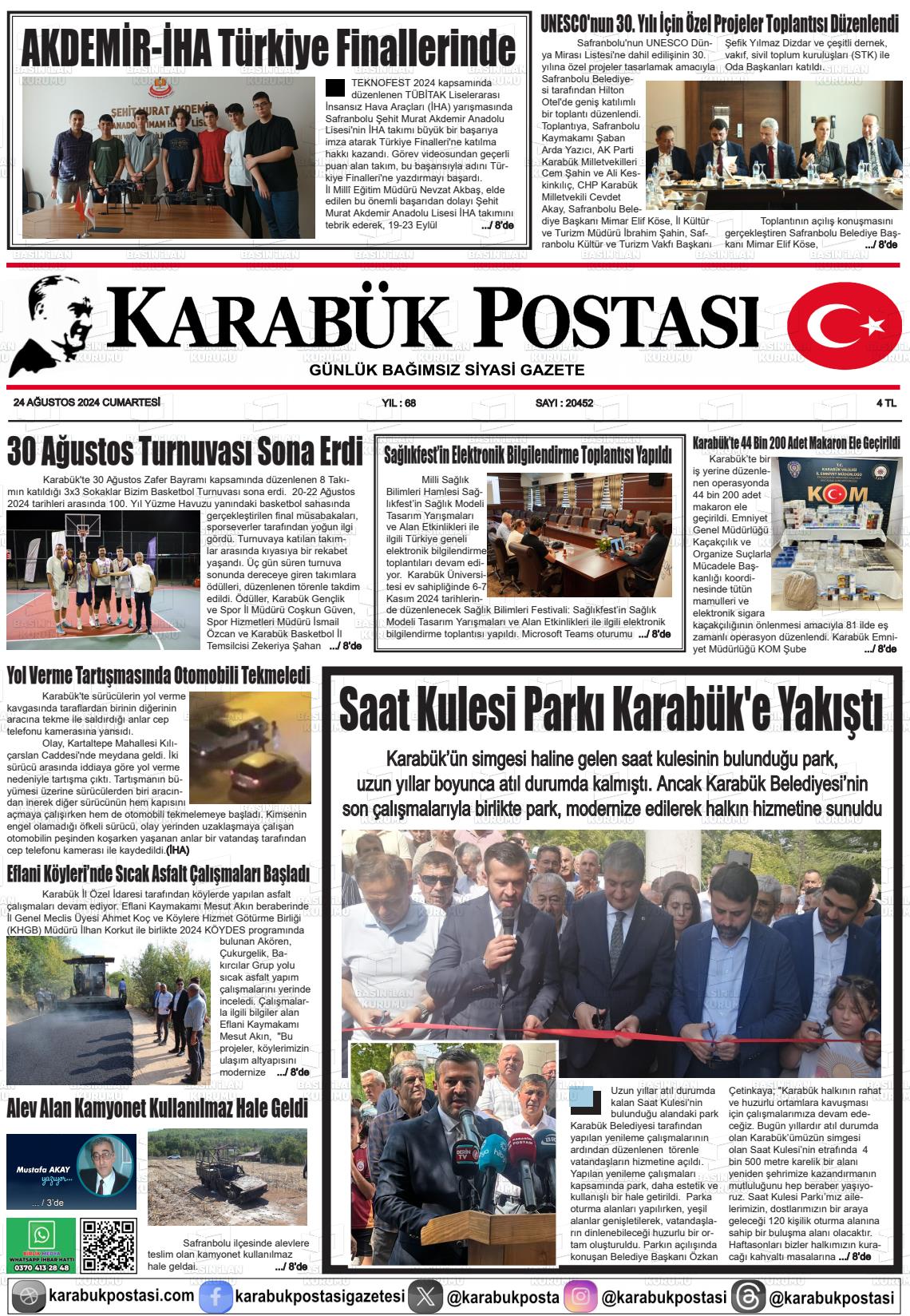 24 Ağustos 2024 Karabük Postası Gazete Manşeti