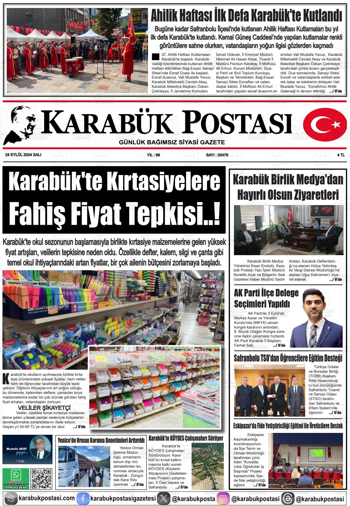 24 Eylül 2024 Karabük Postası Gazete Manşeti