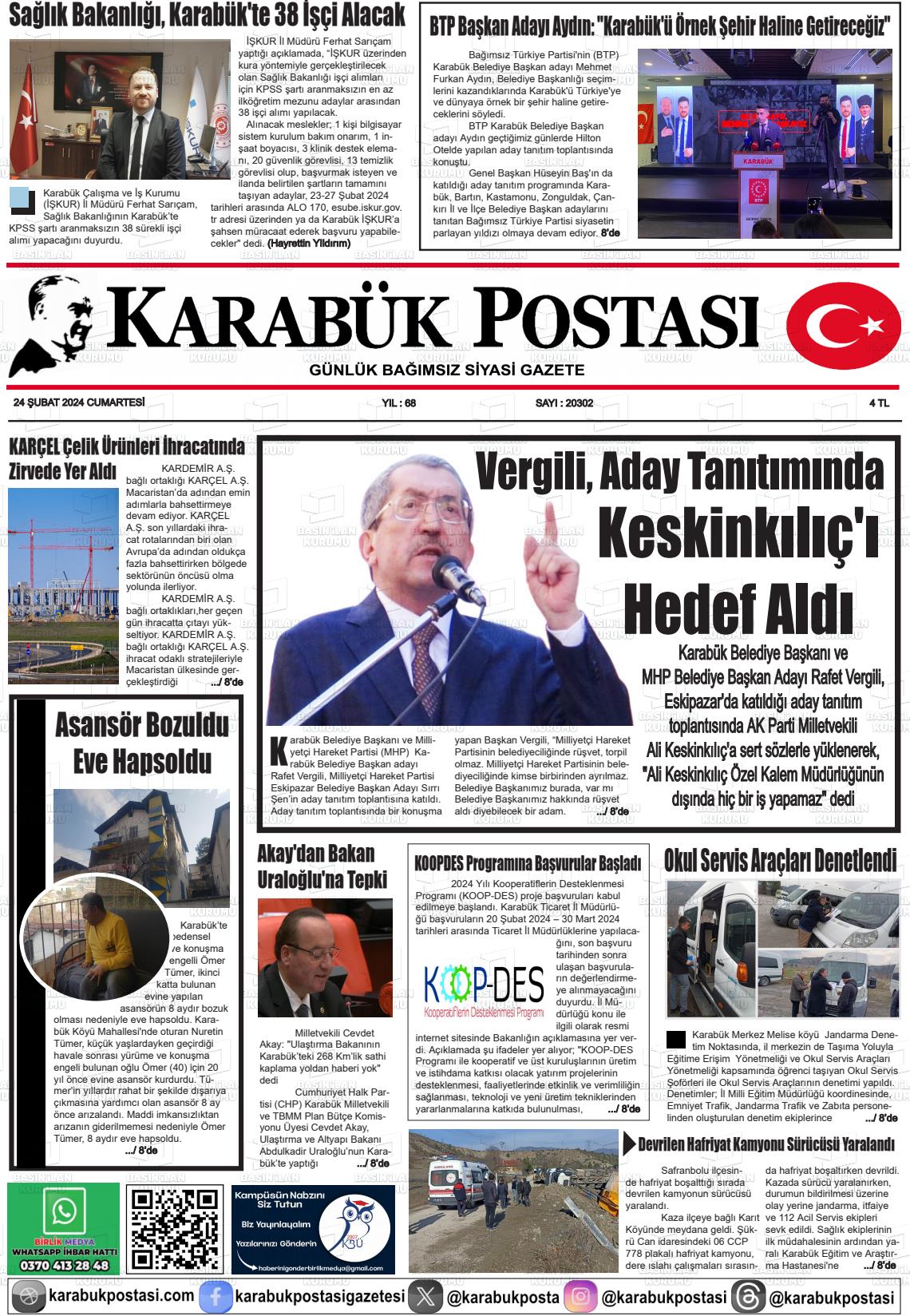 24 Şubat 2024 Karabük Postası Gazete Manşeti