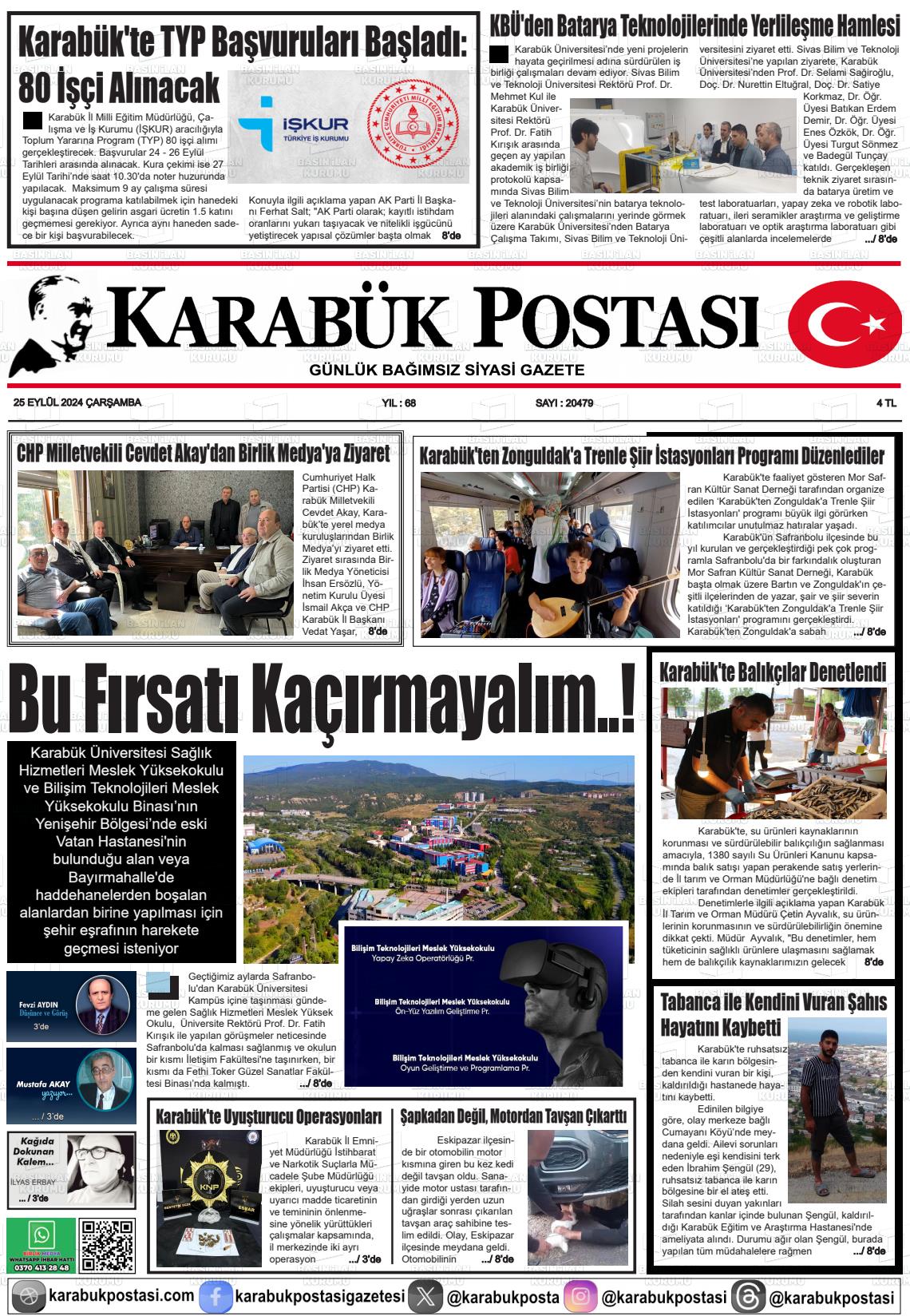 25 Eylül 2024 Karabük Postası Gazete Manşeti