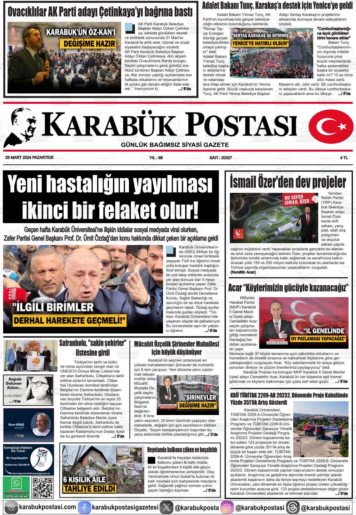 25 Mart 2024 Karabük Postası Gazete Manşeti