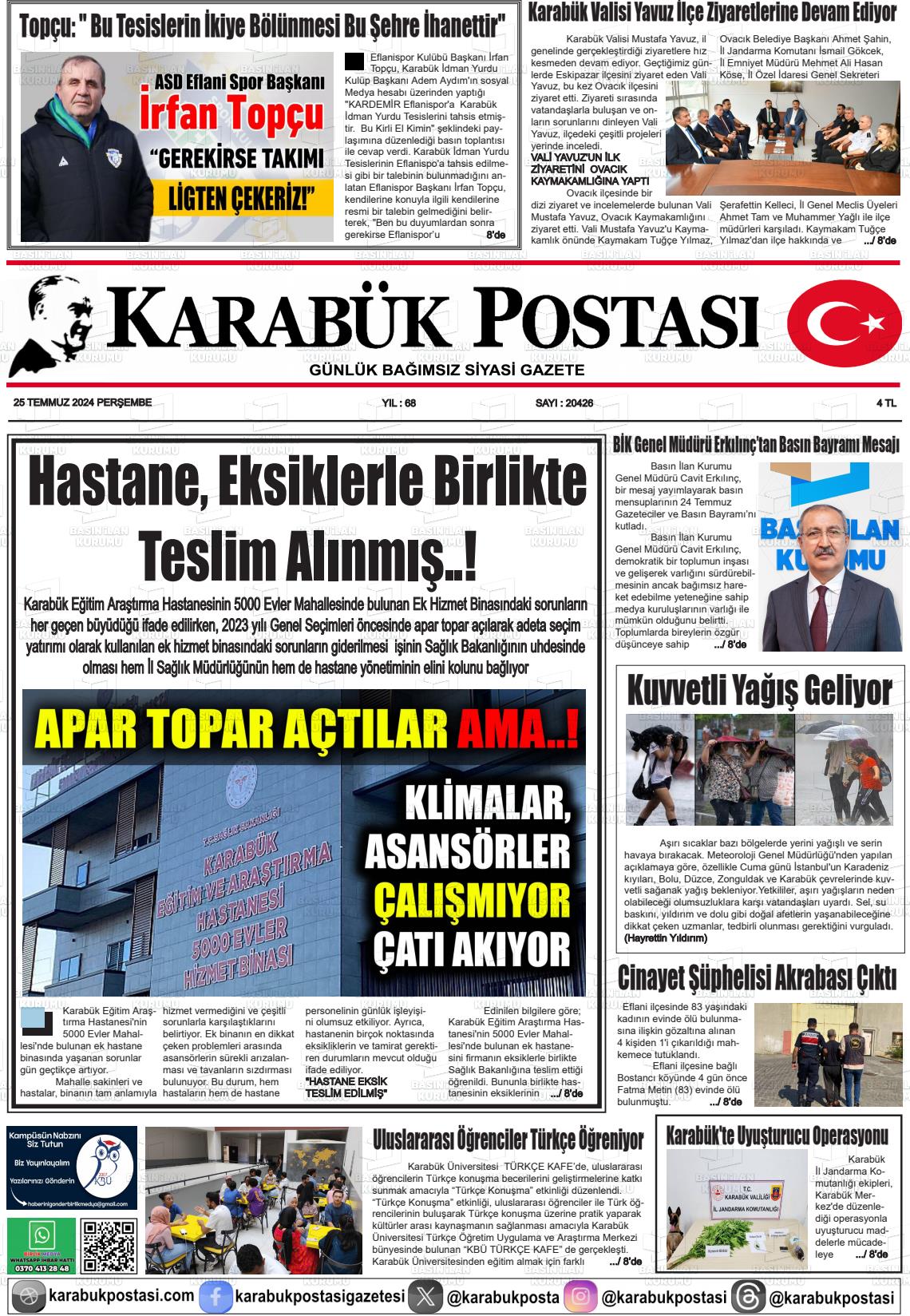 25 Temmuz 2024 Karabük Postası Gazete Manşeti