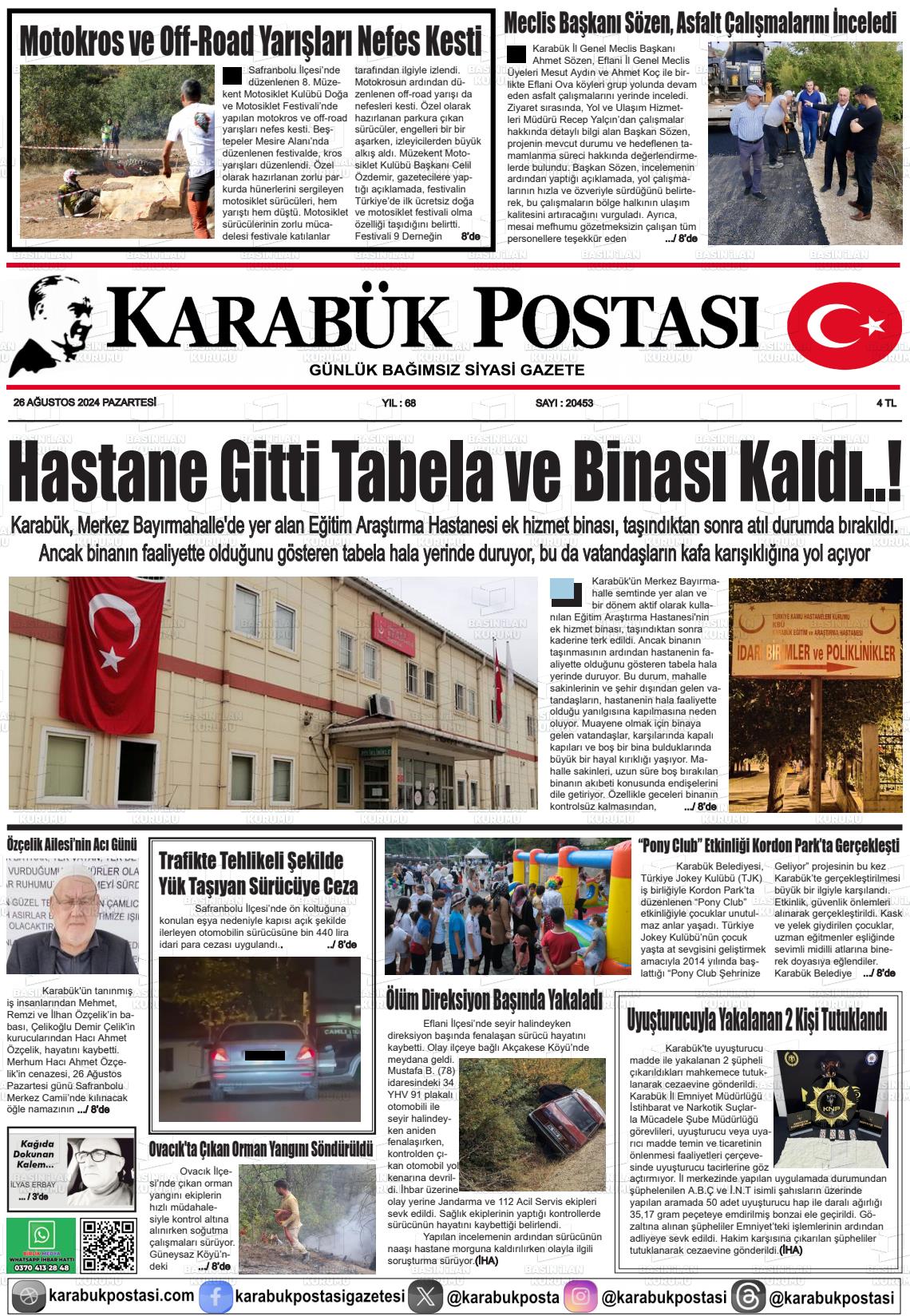 26 Ağustos 2024 Karabük Postası Gazete Manşeti