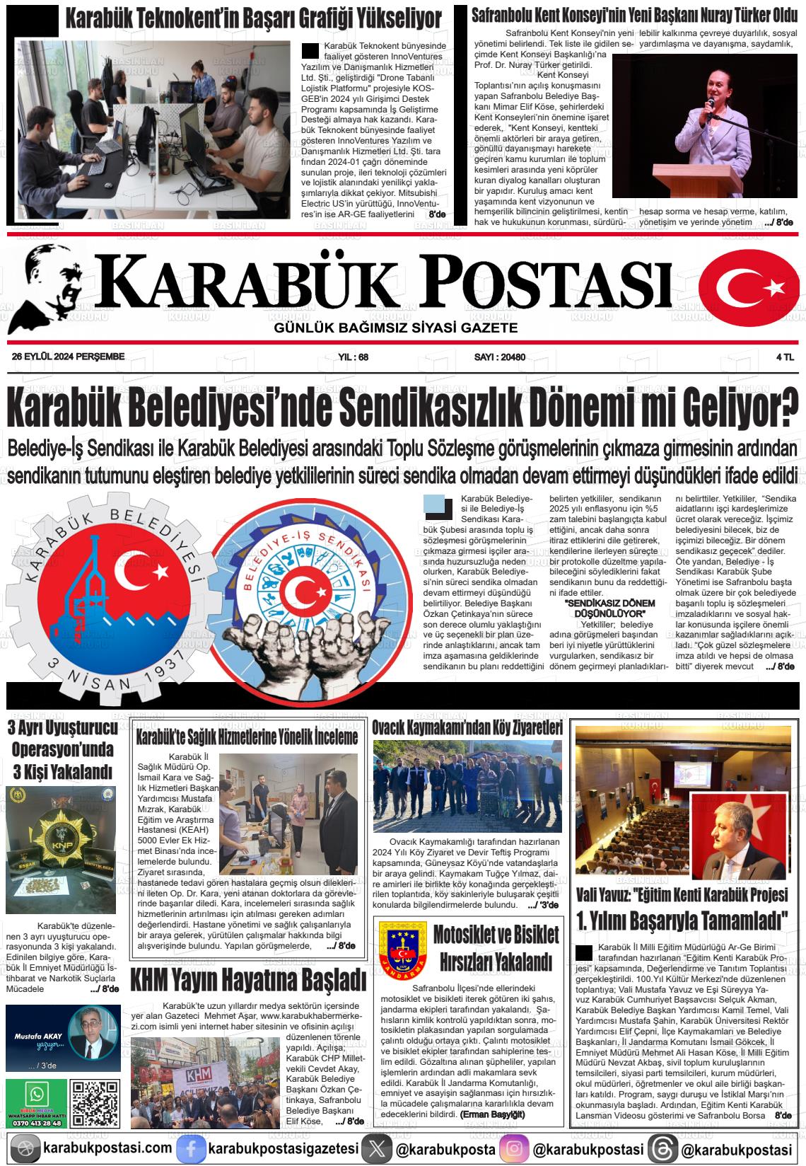 26 Eylül 2024 Karabük Postası Gazete Manşeti