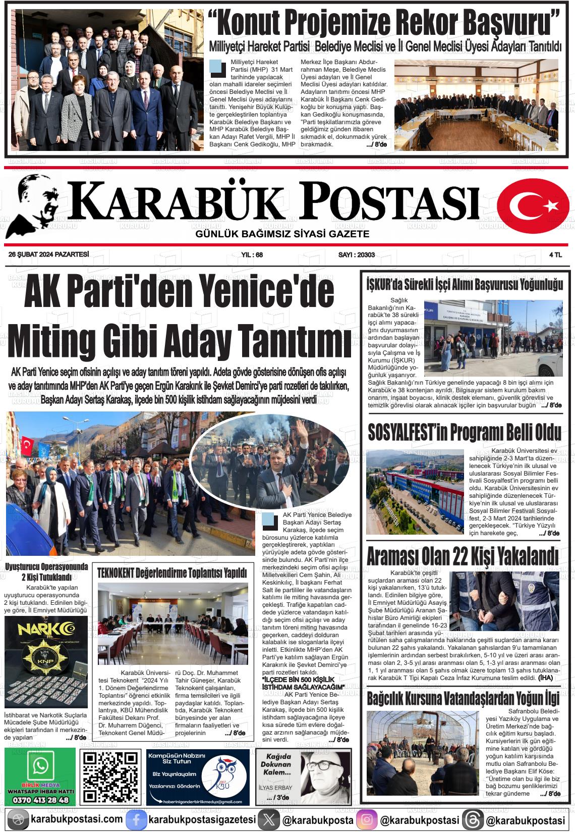 26 Şubat 2024 Karabük Postası Gazete Manşeti