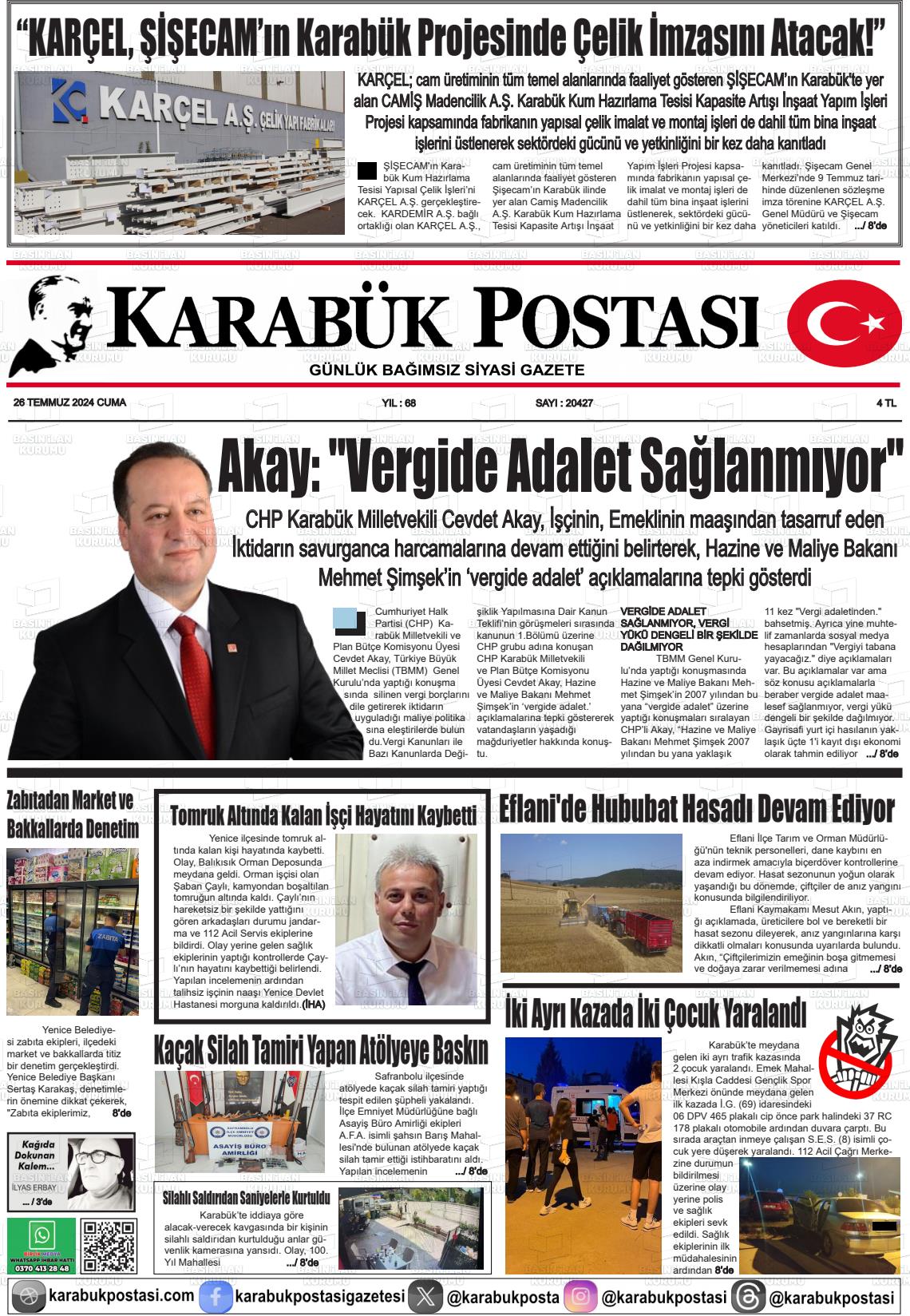 27 Temmuz 2024 Karabük Postası Gazete Manşeti