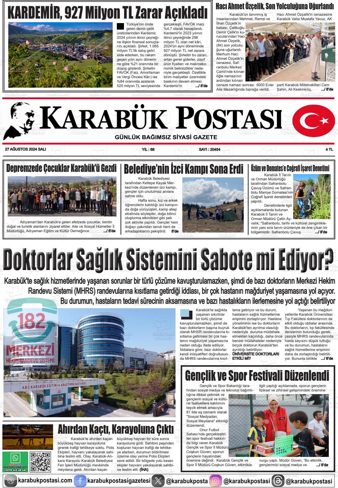 27 Ağustos 2024 Karabük Postası Gazete Manşeti