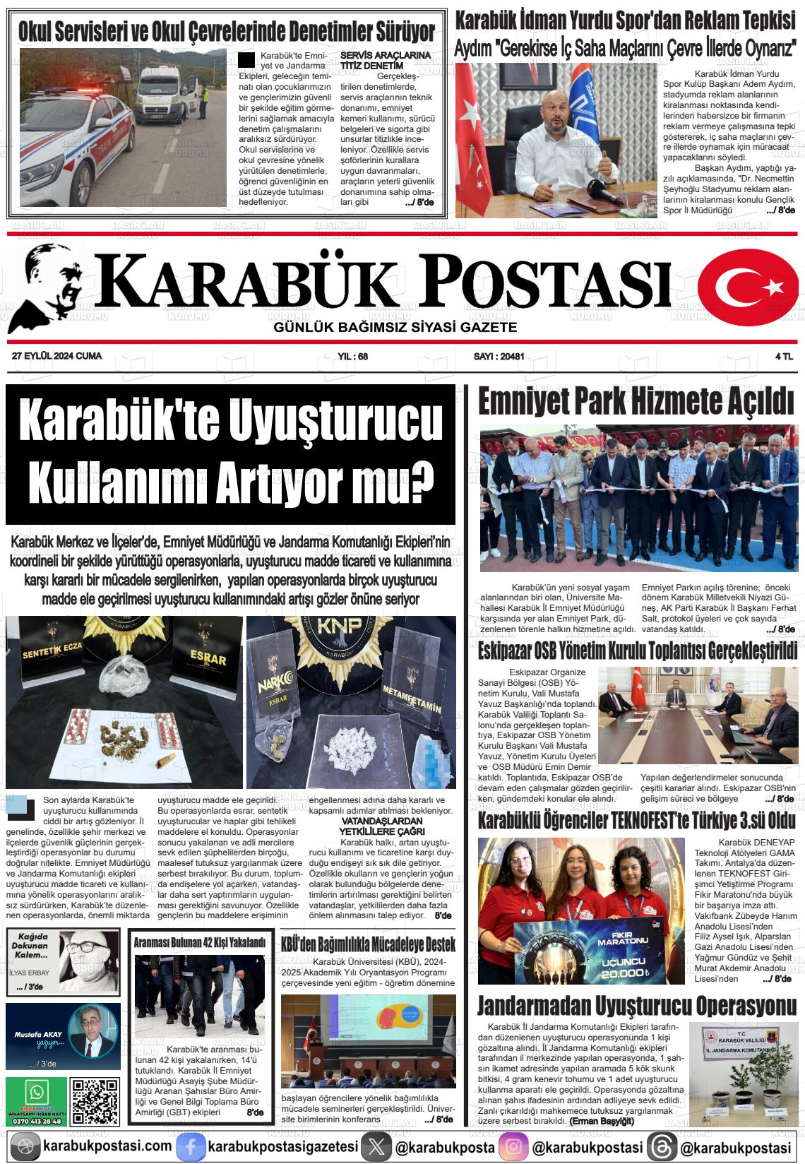 27 Eylül 2024 Karabük Postası Gazete Manşeti