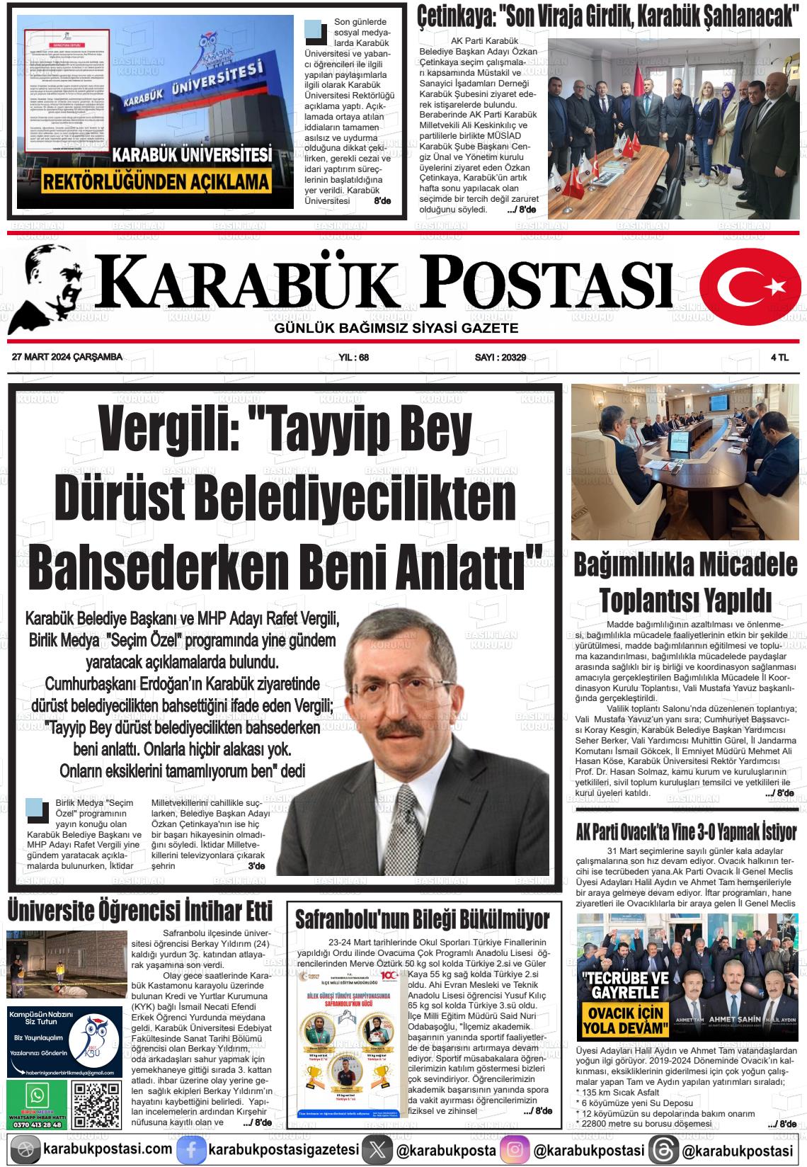 27 Mart 2024 Karabük Postası Gazete Manşeti