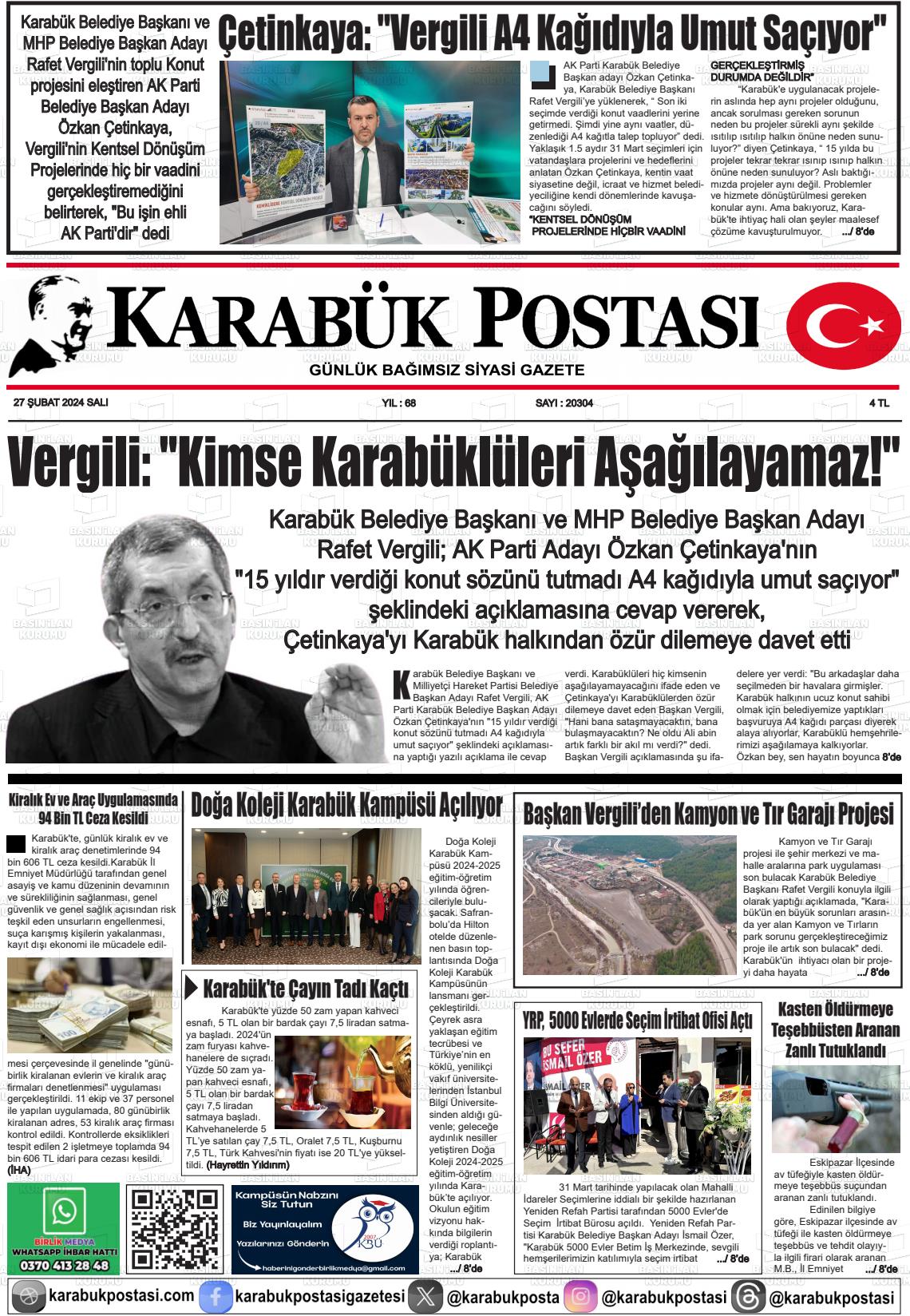 27 Şubat 2024 Karabük Postası Gazete Manşeti