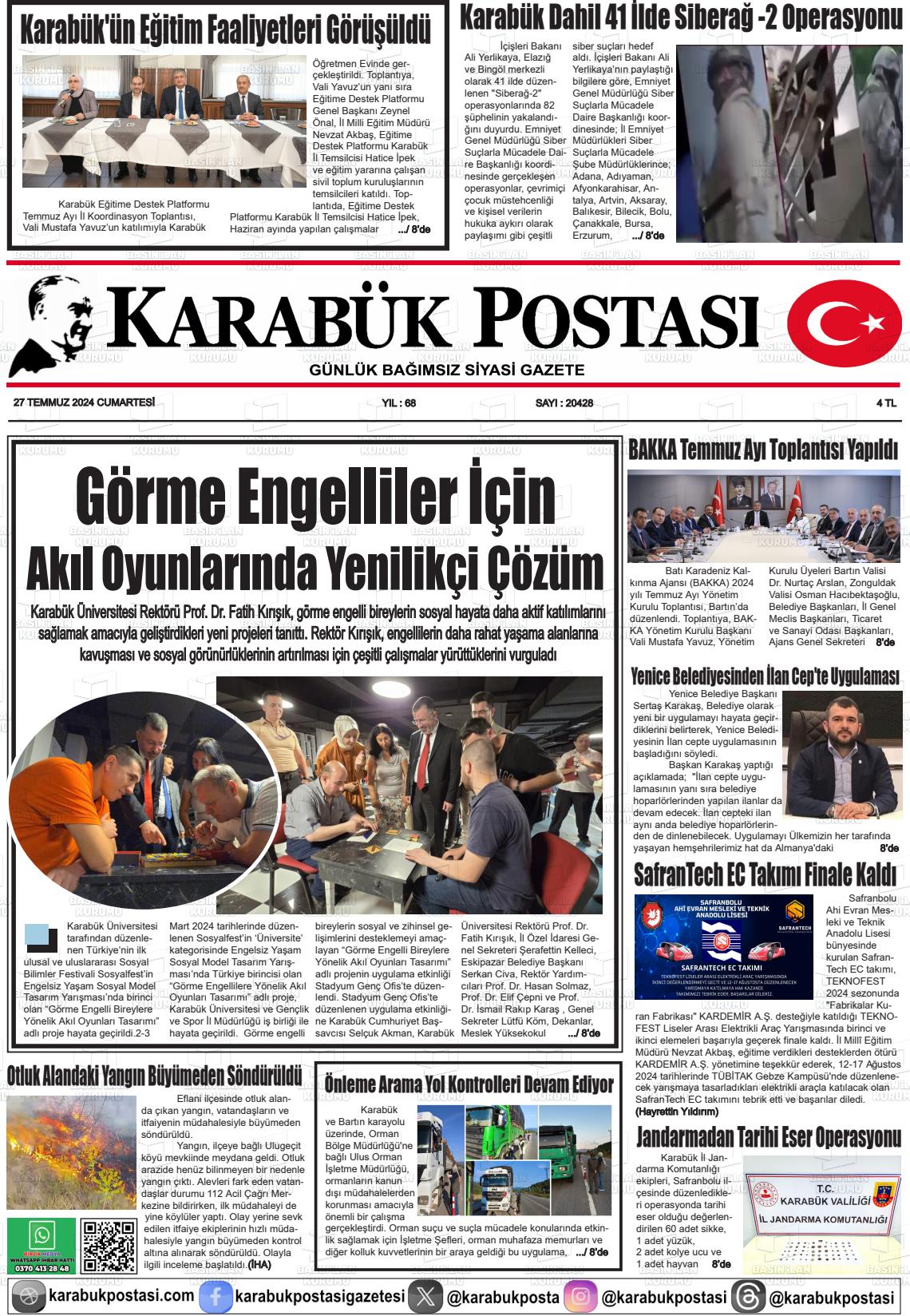 27 Temmuz 2024 Karabük Postası Gazete Manşeti