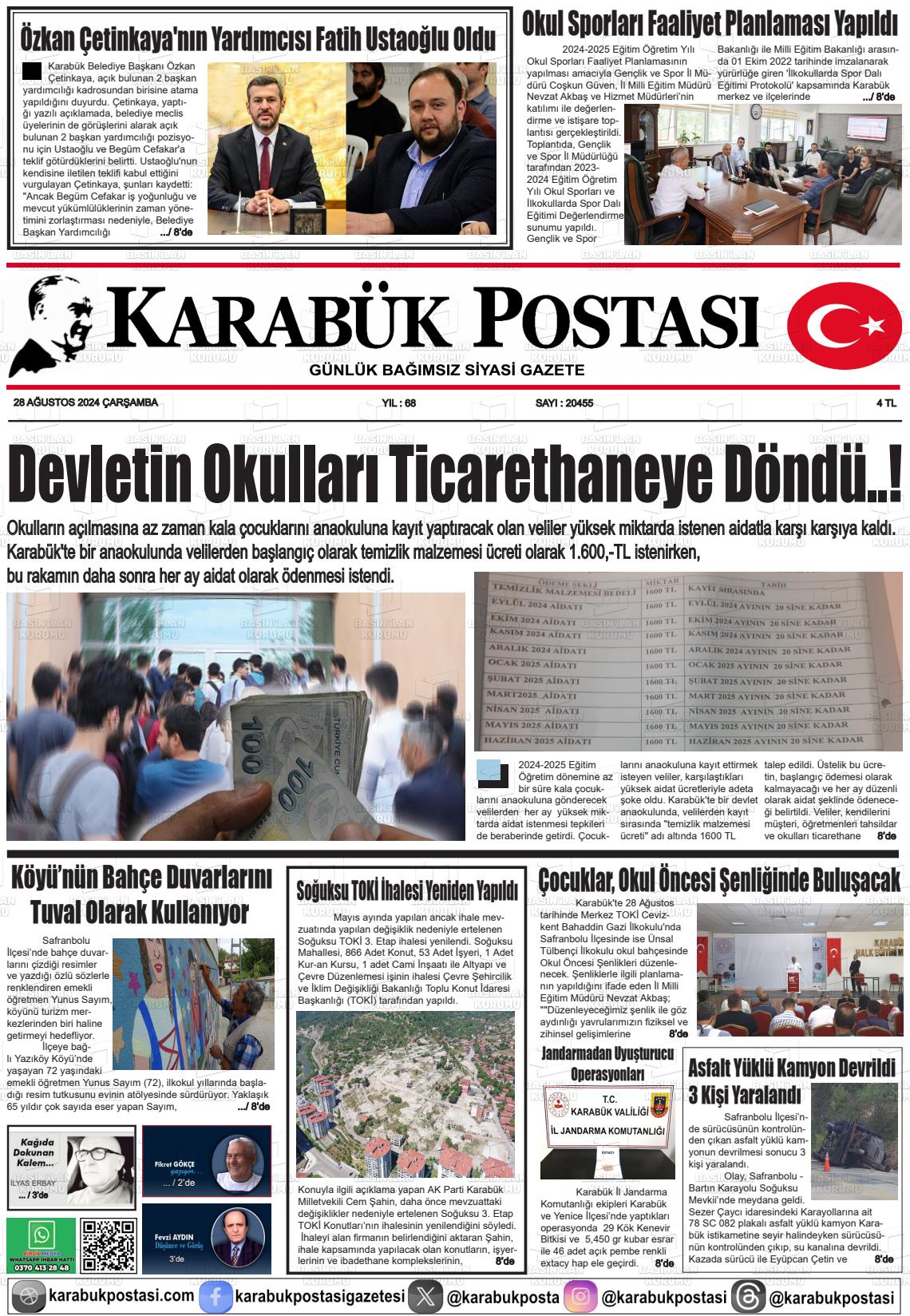 28 Ağustos 2024 Karabük Postası Gazete Manşeti