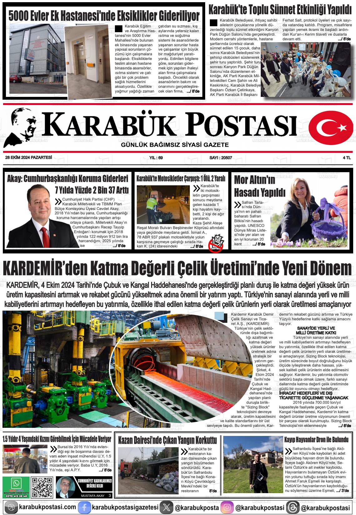 28 Ekim 2024 Karabük Postası Gazete Manşeti