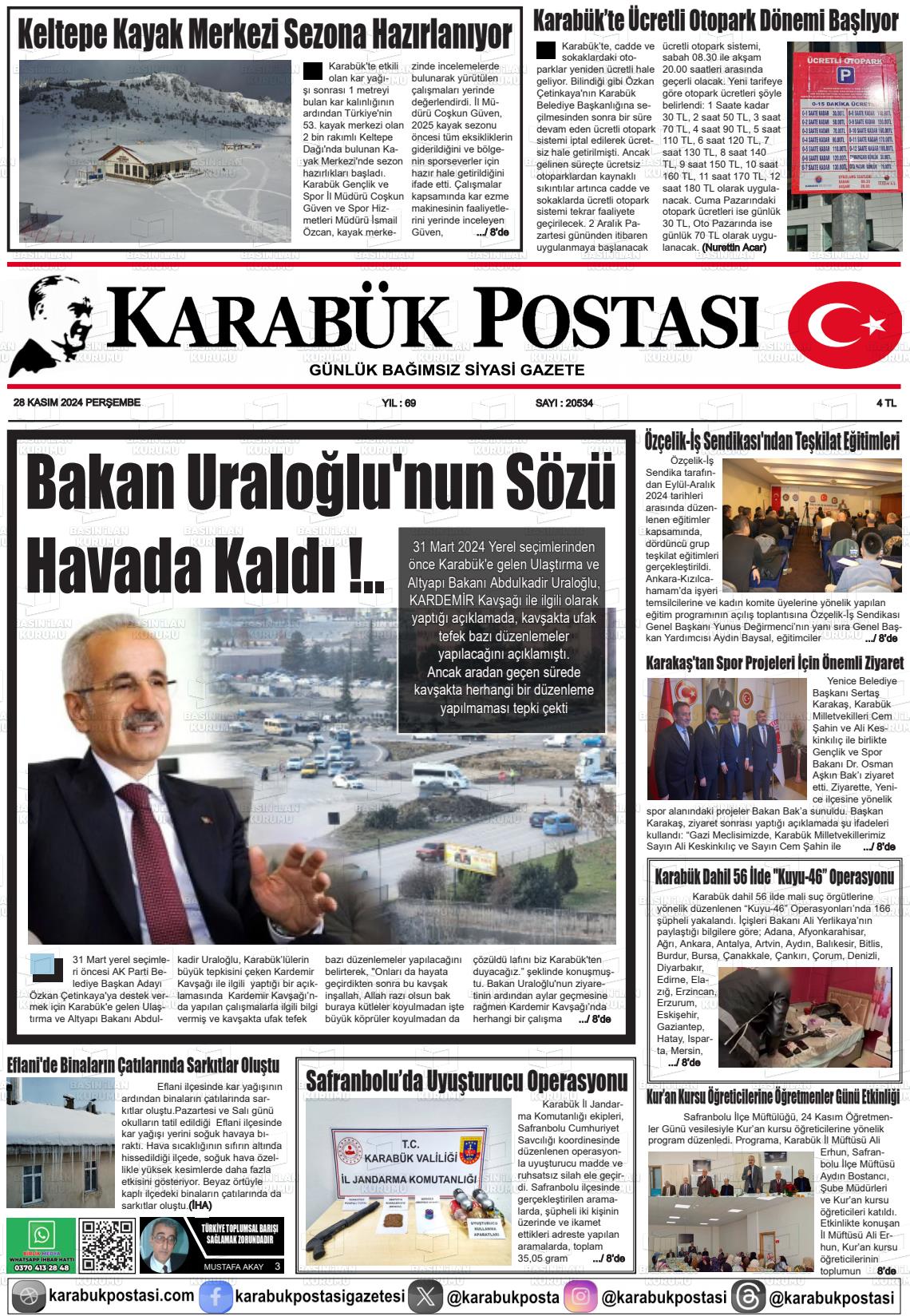 21 Aralık 2024 Karabük Postası Gazete Manşeti