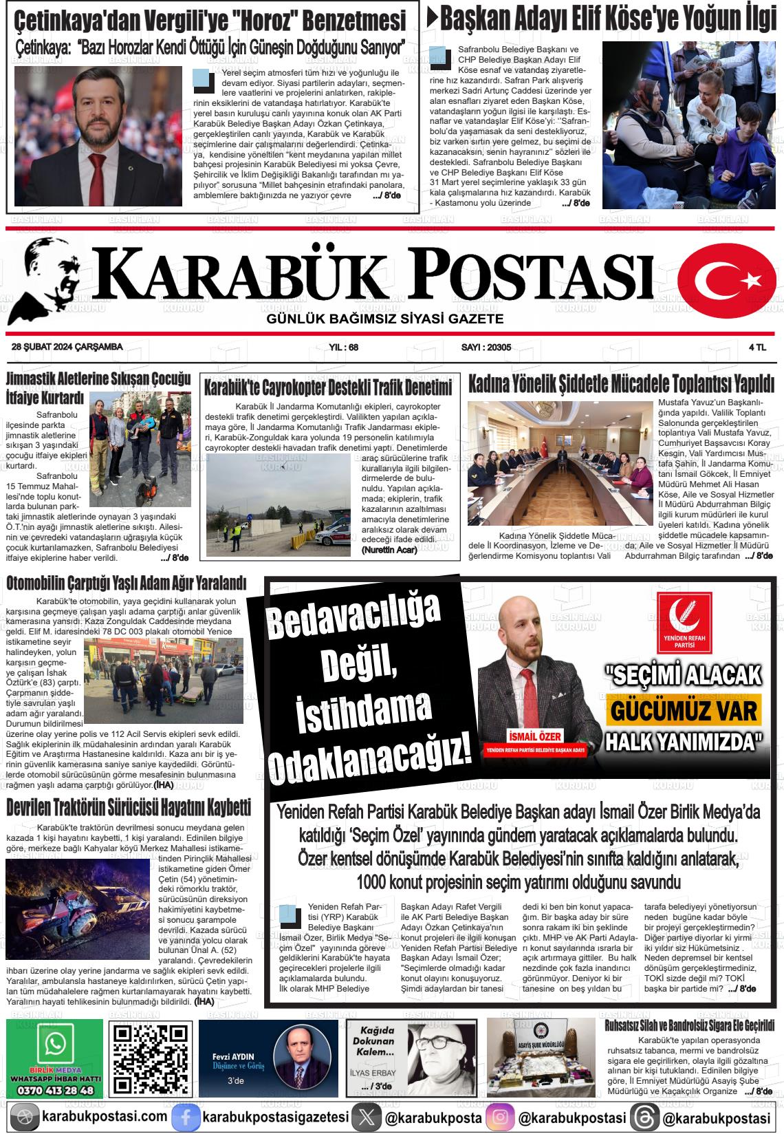 28 Şubat 2024 Karabük Postası Gazete Manşeti