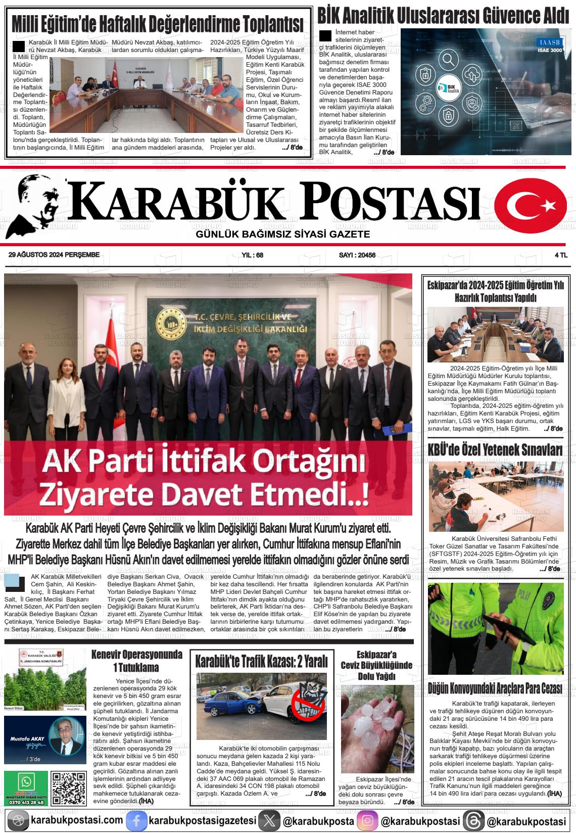 29 Ağustos 2024 Karabük Postası Gazete Manşeti