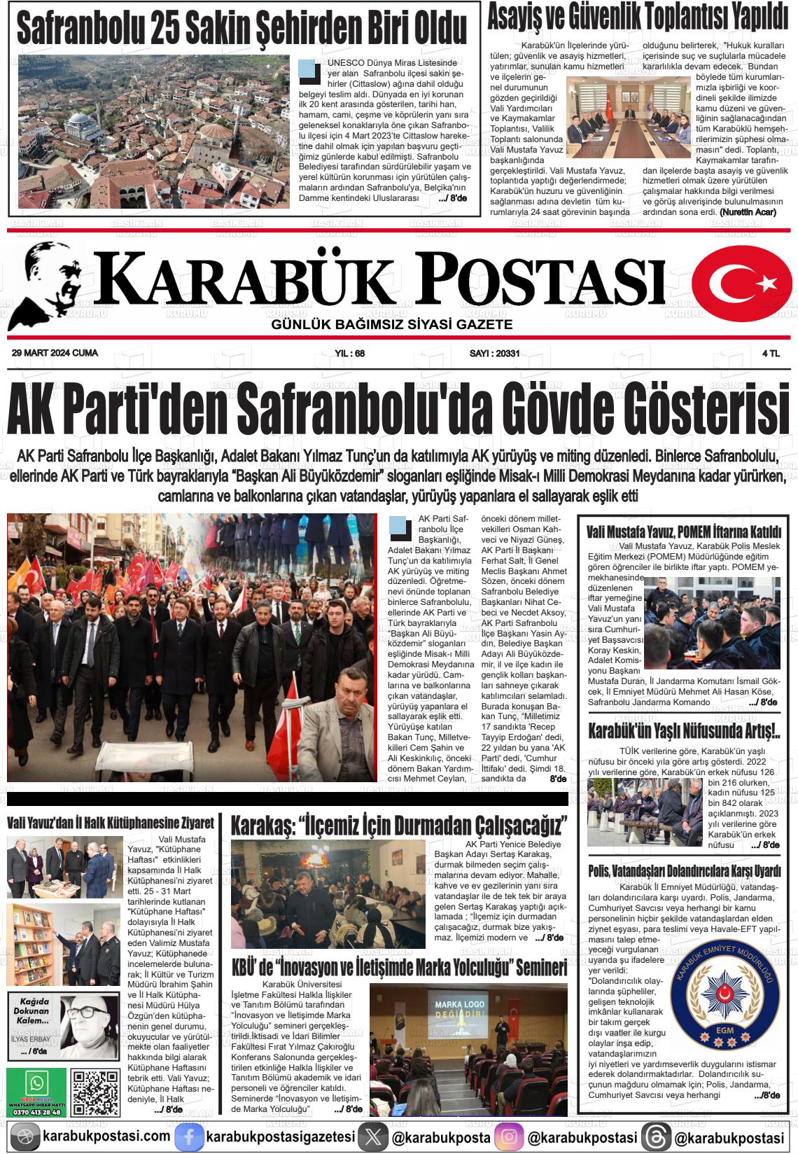 29 Mart 2024 Karabük Postası Gazete Manşeti