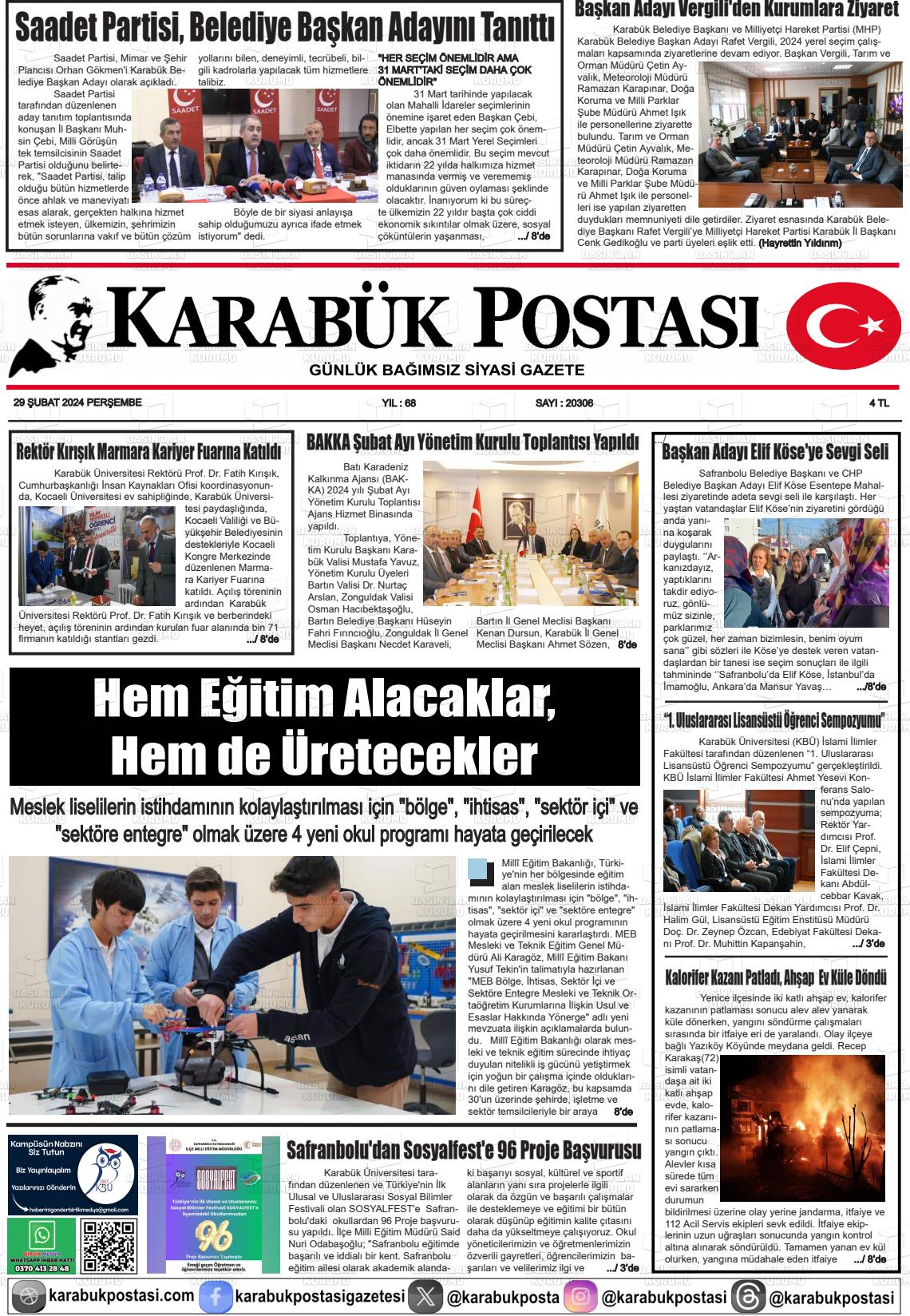 29 Şubat 2024 Karabük Postası Gazete Manşeti