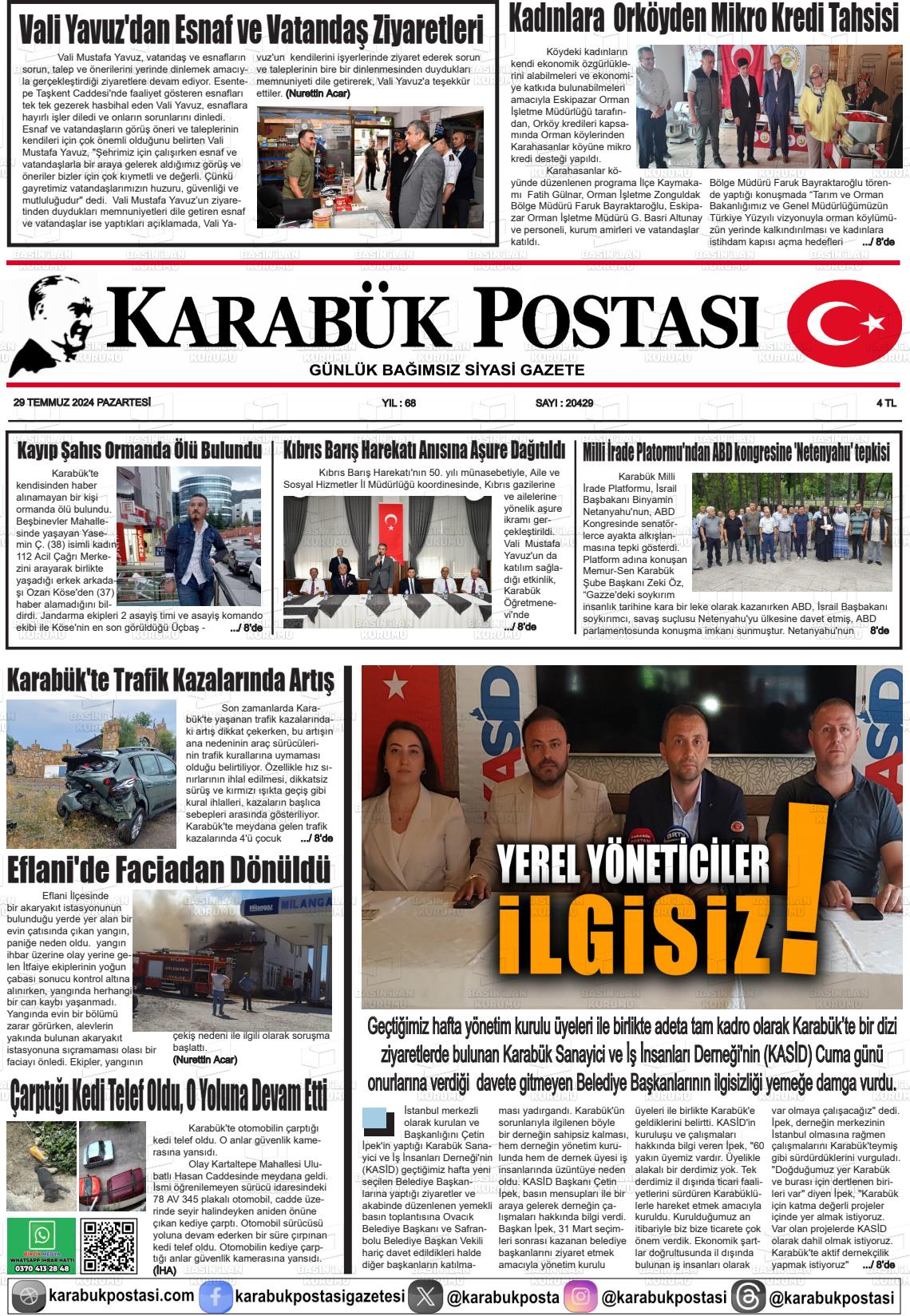 29 Temmuz 2024 Karabük Postası Gazete Manşeti