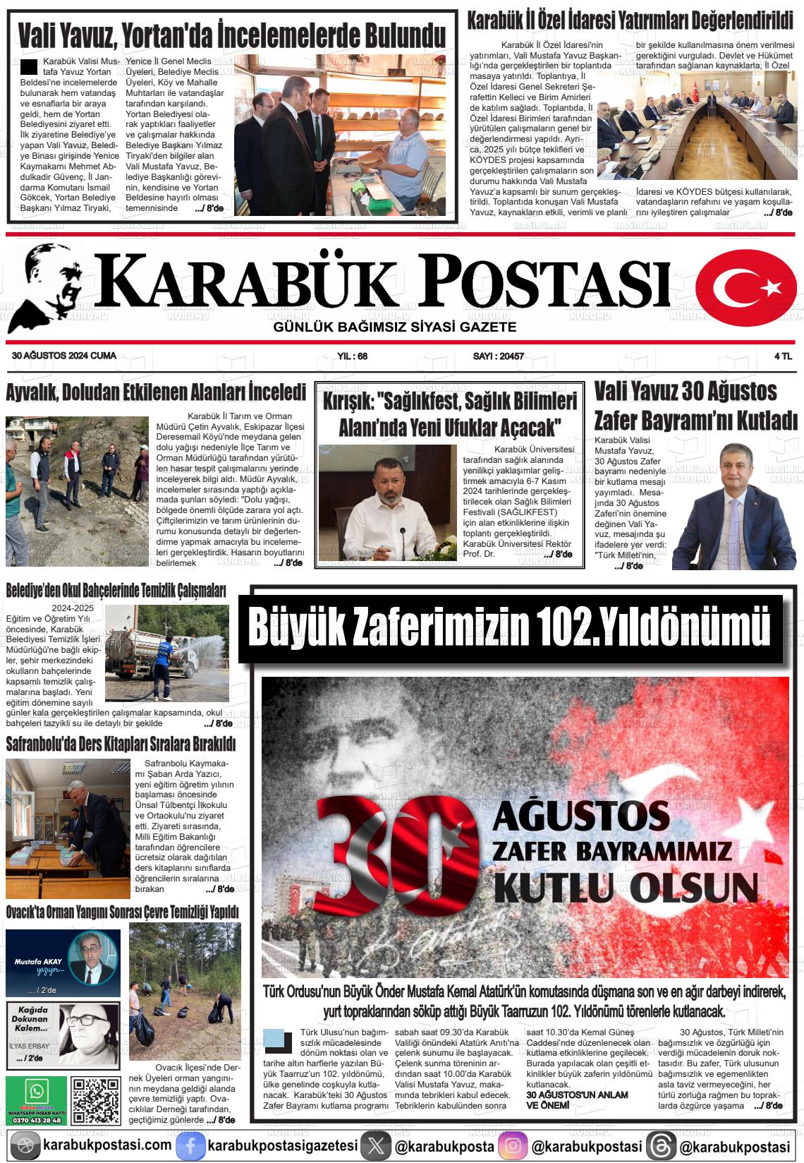 30 Ağustos 2024 Karabük Postası Gazete Manşeti