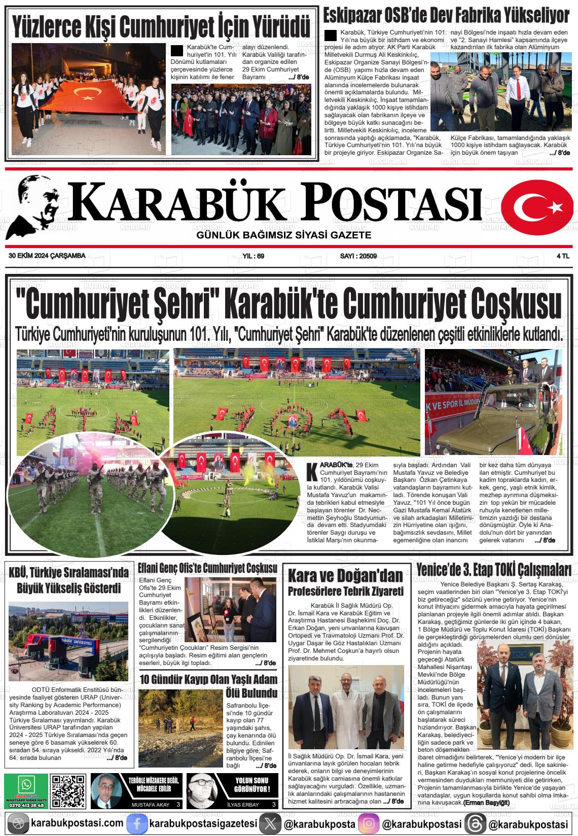 30 Ekim 2024 Karabük Postası Gazete Manşeti