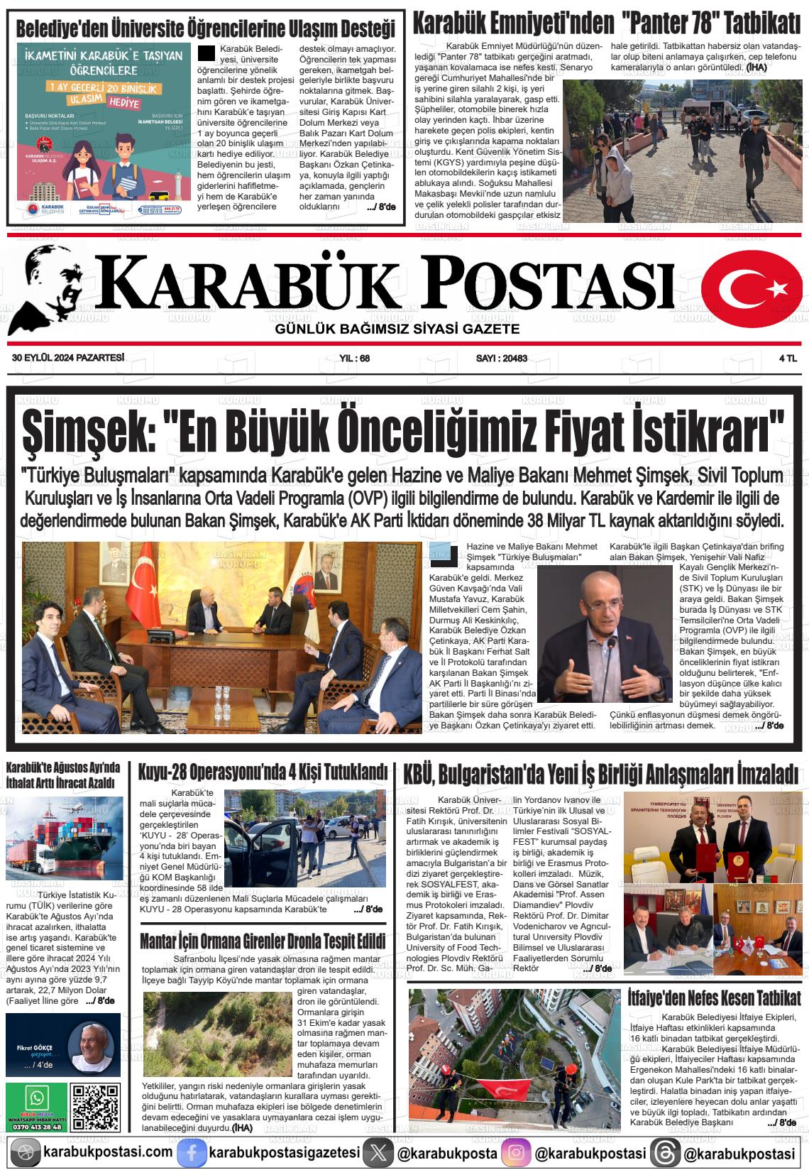 30 Eylül 2024 Karabük Postası Gazete Manşeti