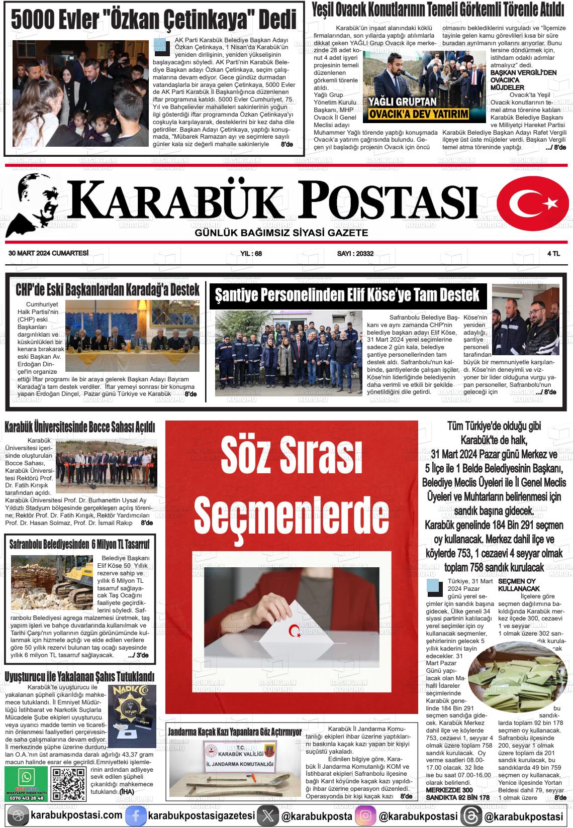 30 Mart 2024 Karabük Postası Gazete Manşeti