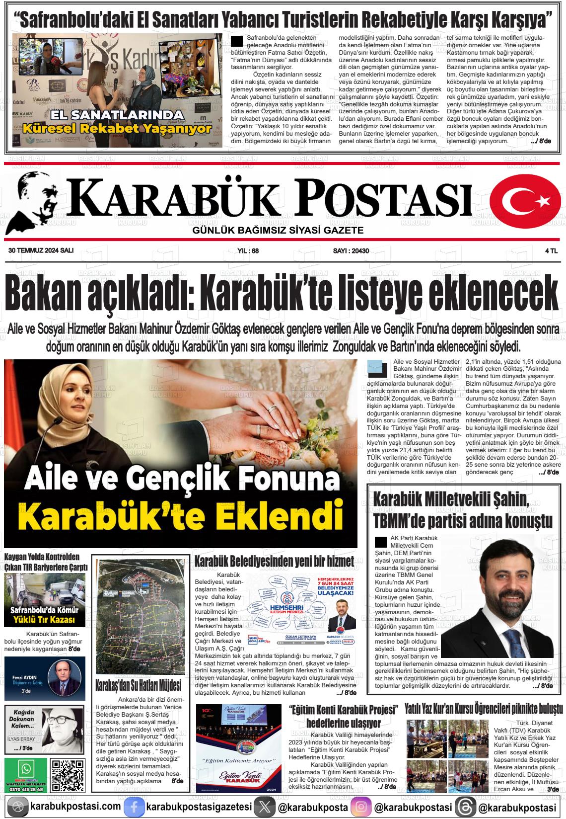 30 Temmuz 2024 Karabük Postası Gazete Manşeti