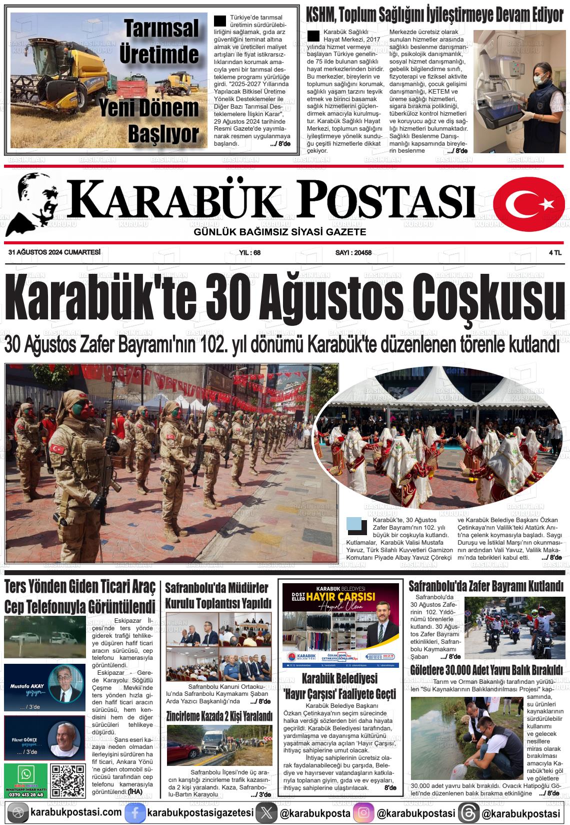 31 Ağustos 2024 Karabük Postası Gazete Manşeti