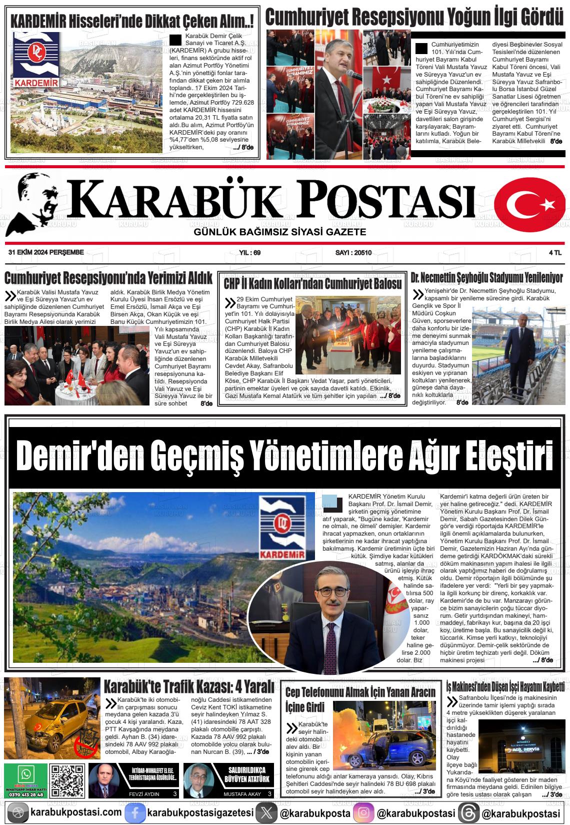 31 Ekim 2024 Karabük Postası Gazete Manşeti