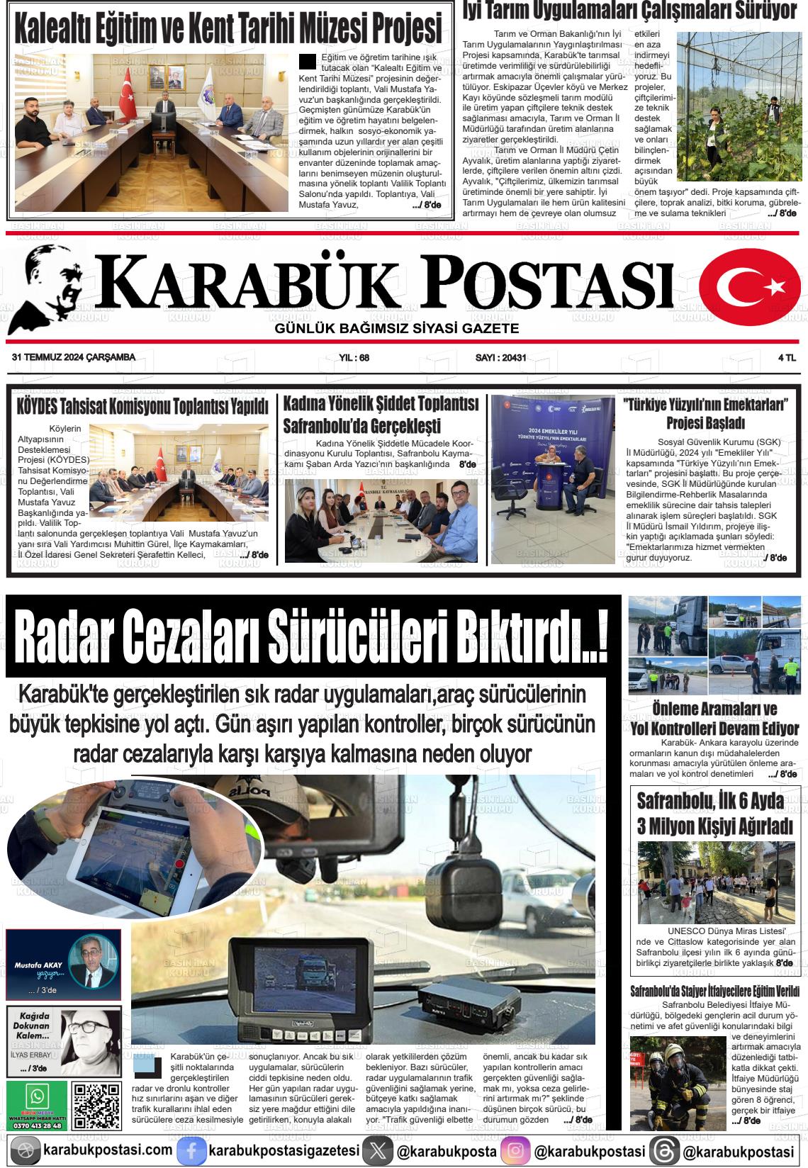 31 Temmuz 2024 Karabük Postası Gazete Manşeti