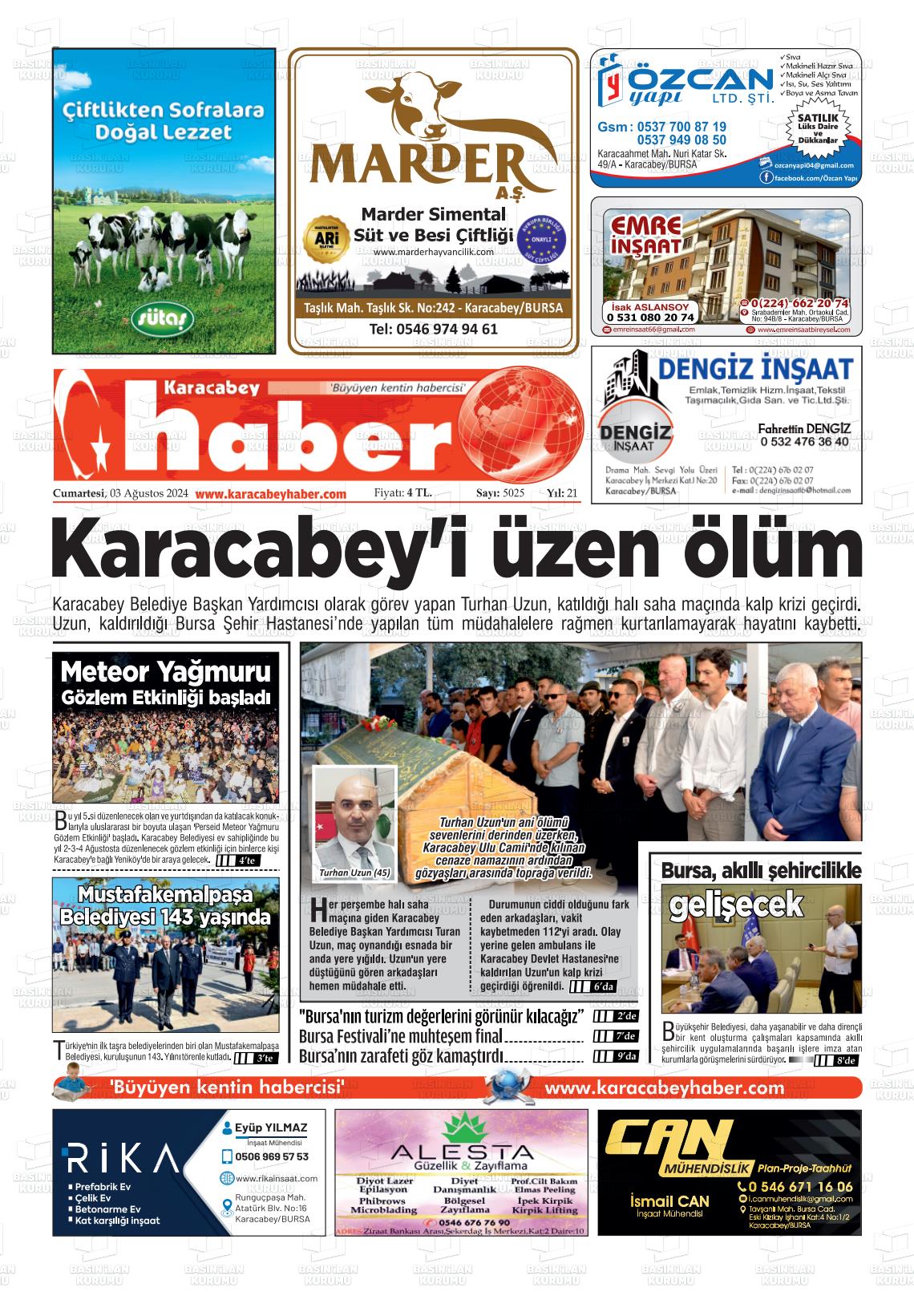 03 Ağustos 2024 Karacabey Haber Gazete Manşeti