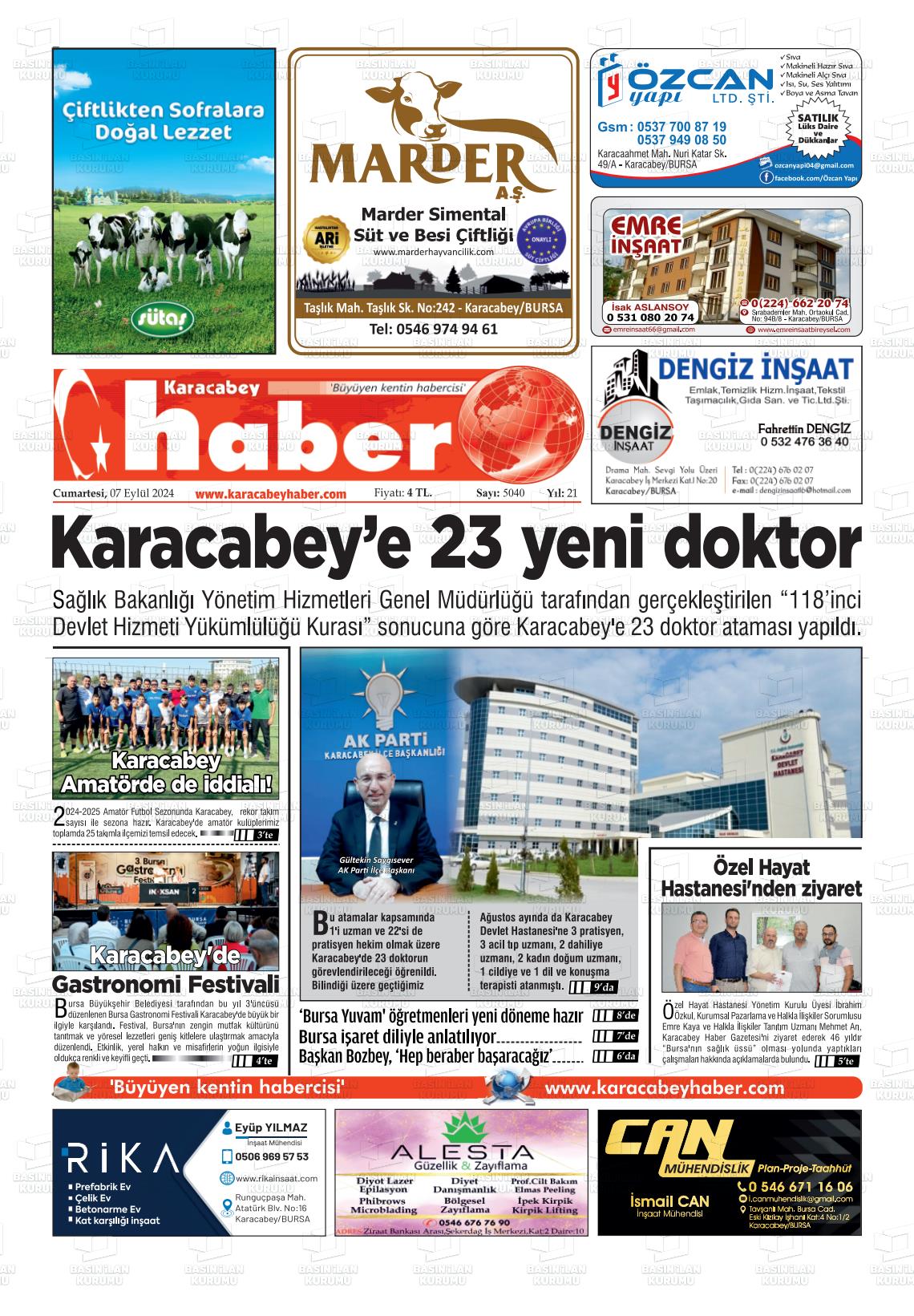 07 Eylül 2024 Karacabey Haber Gazete Manşeti