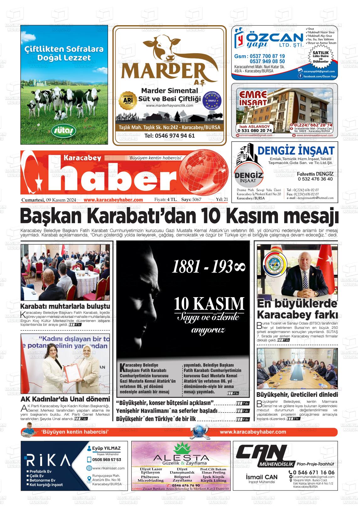 09 Kasım 2024 Karacabey Haber Gazete Manşeti