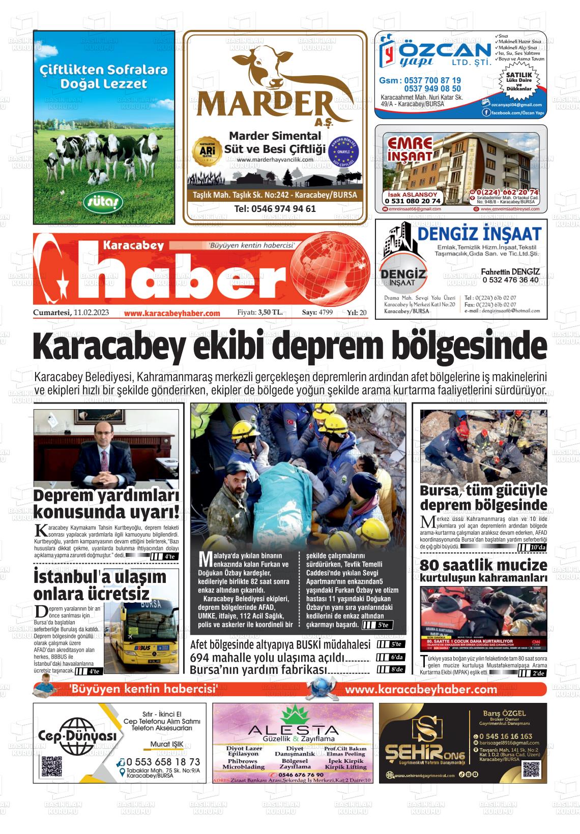 11 Şubat 2023 Karacabey Haber Gazete Manşeti