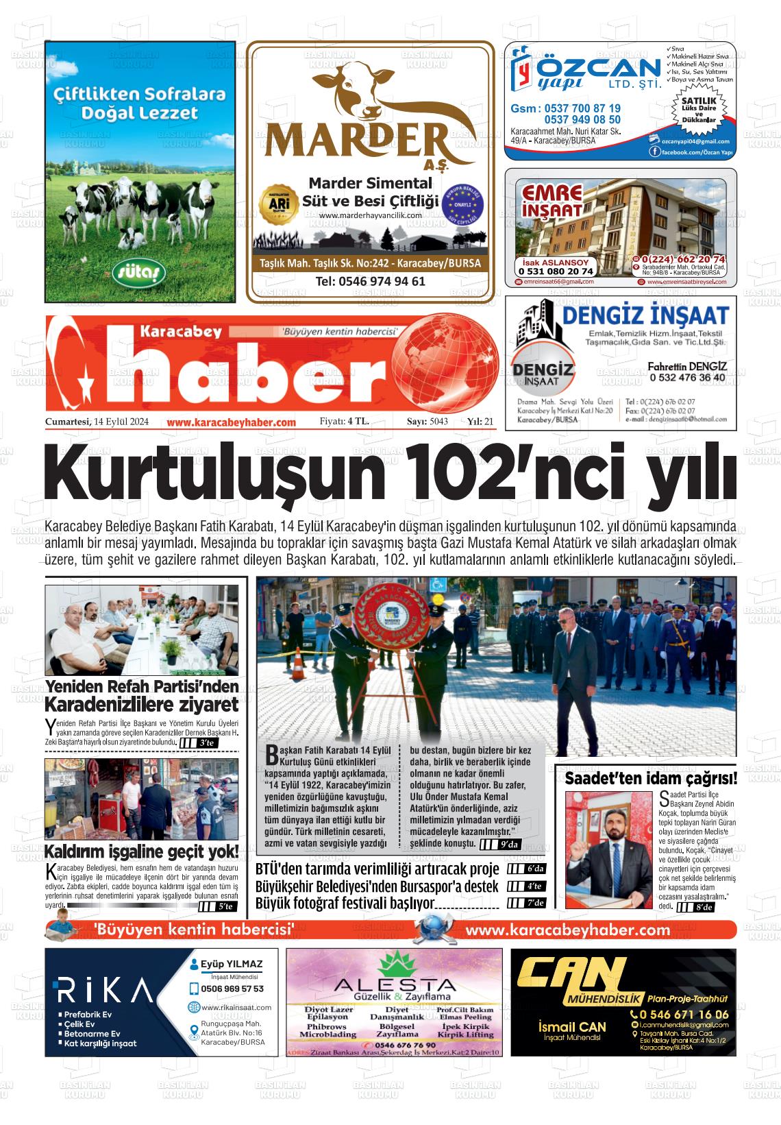 14 Eylül 2024 Karacabey Haber Gazete Manşeti