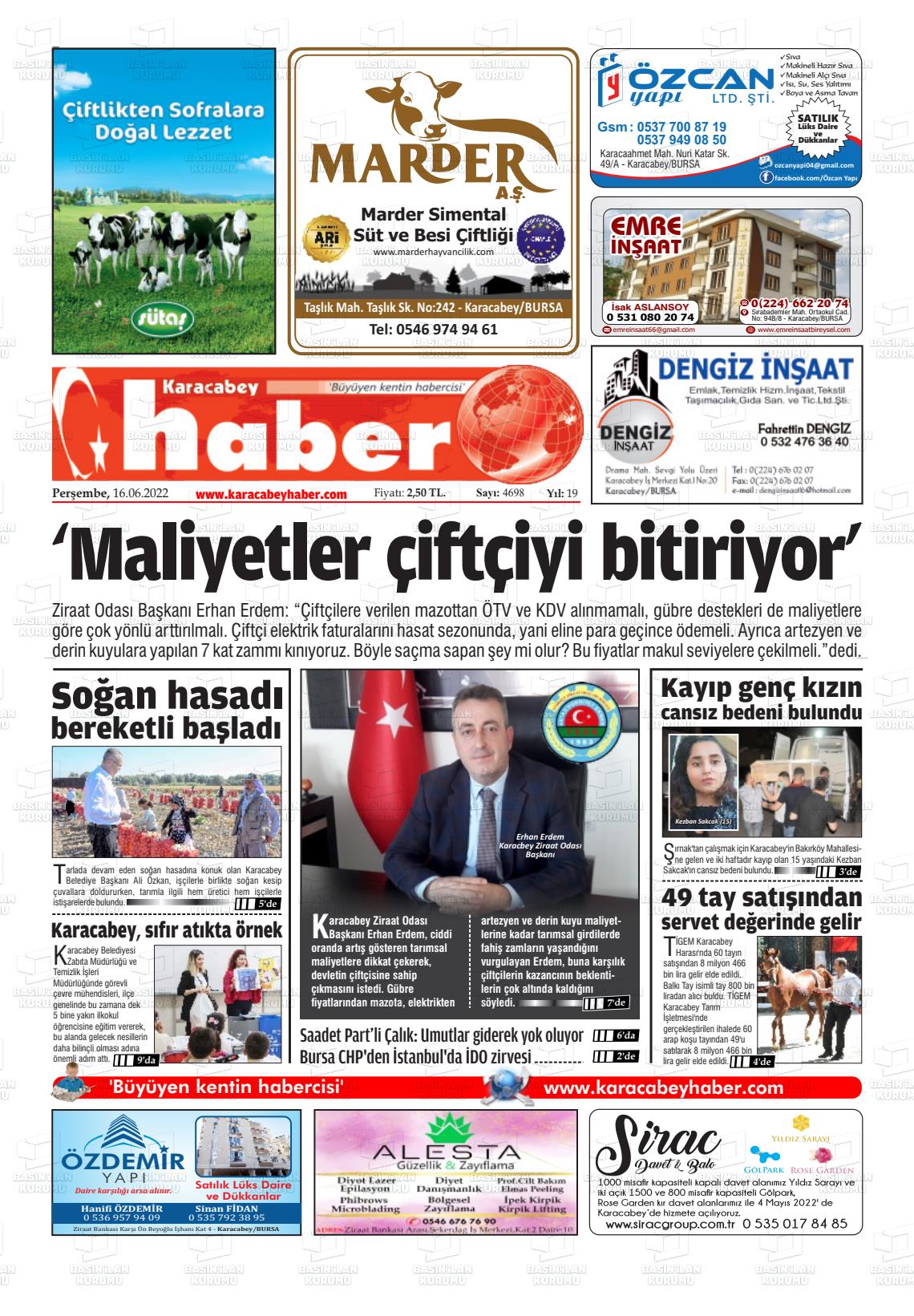 16 Haziran 2022 Karacabey Haber Gazete Manşeti