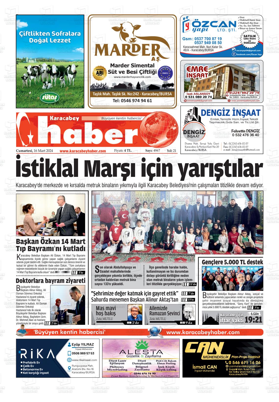 16 Mart 2024 Karacabey Haber Gazete Manşeti