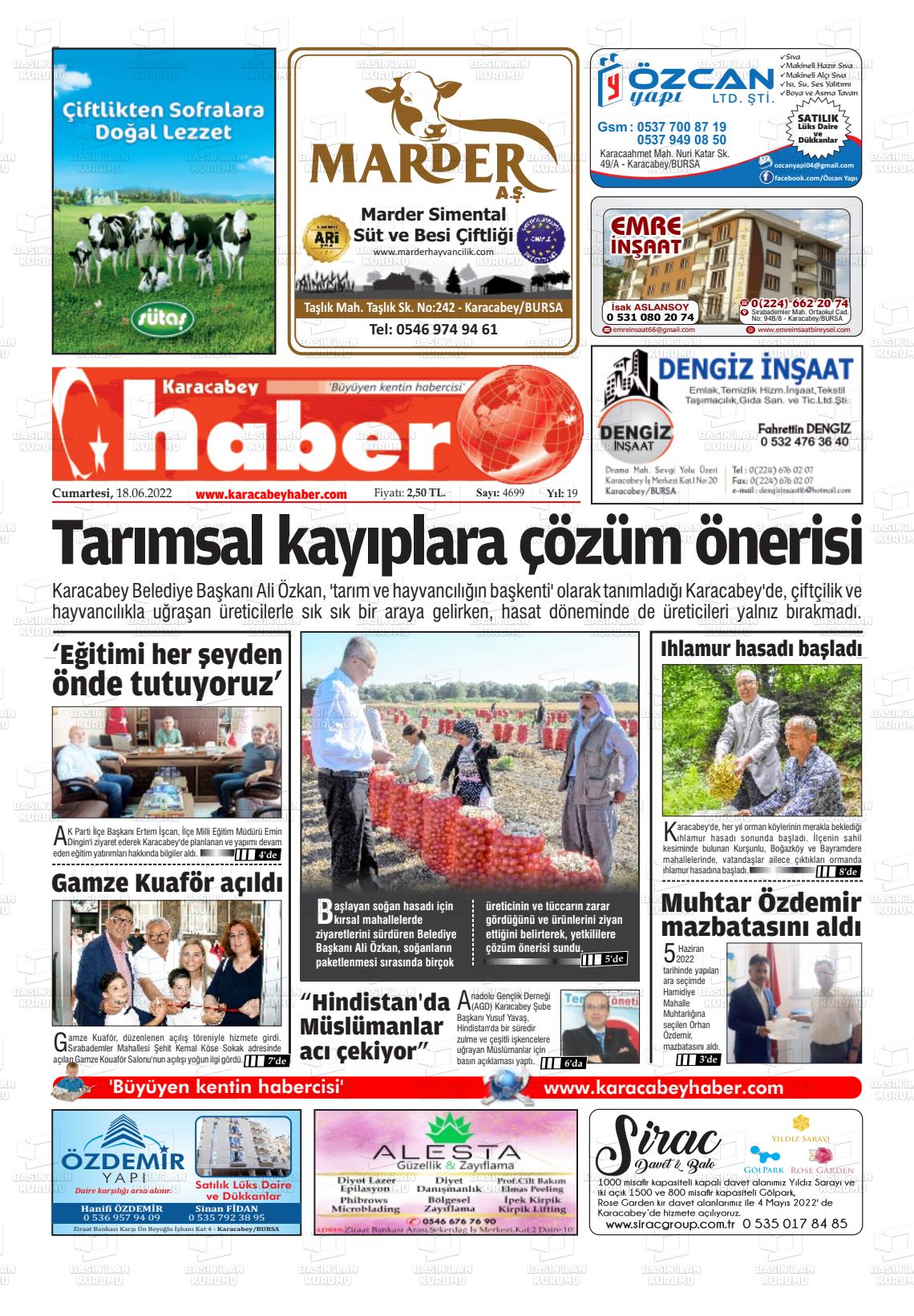 18 Haziran 2022 Karacabey Haber Gazete Manşeti