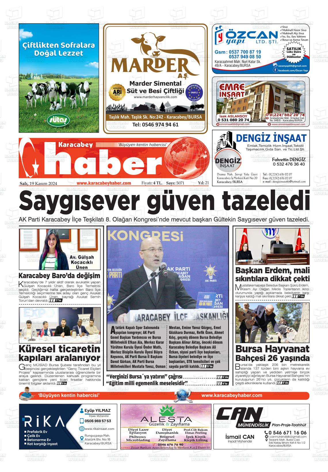 19 Kasım 2024 Karacabey Haber Gazete Manşeti