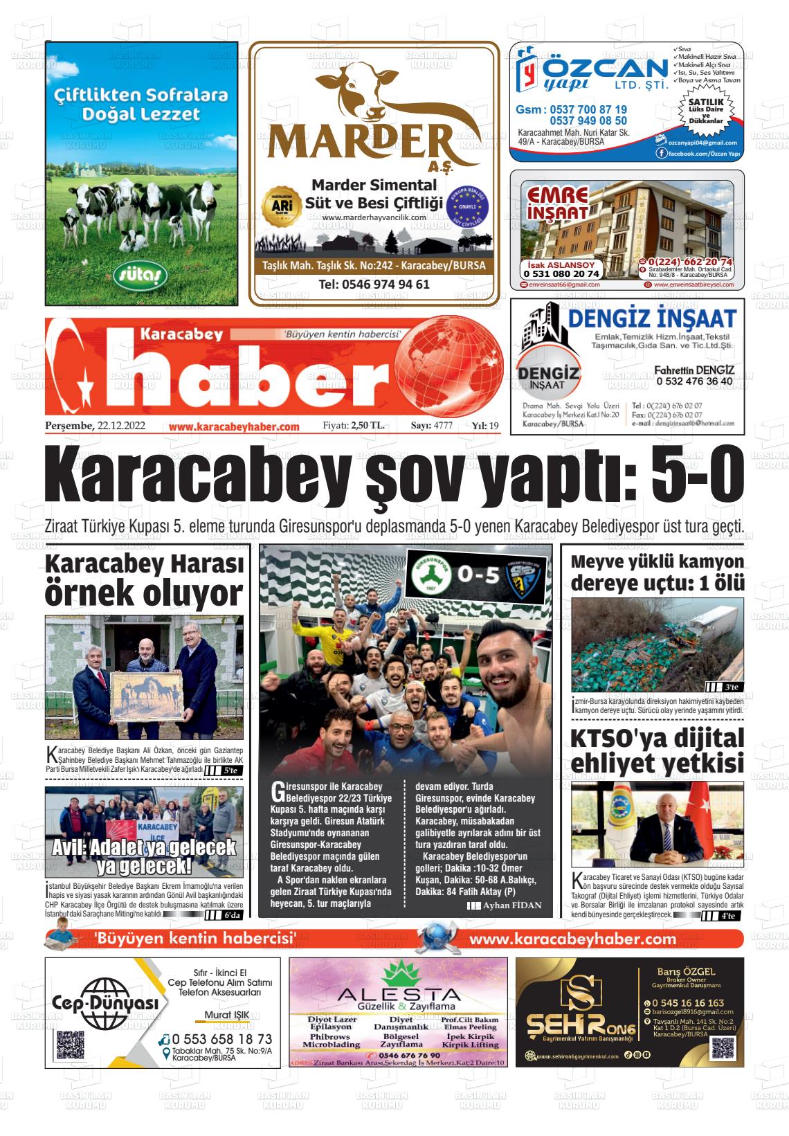 22 Aralık 2022 Karacabey Haber Gazete Manşeti