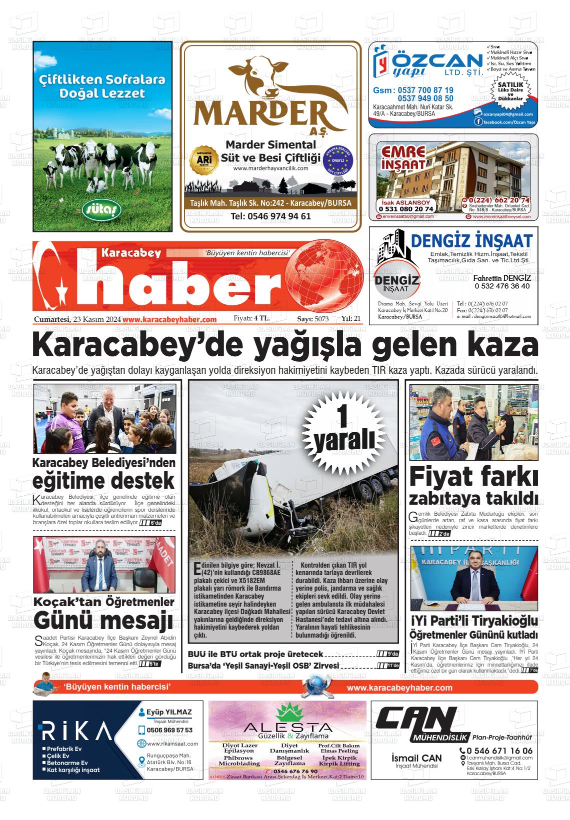 23 Kasım 2024 Karacabey Haber Gazete Manşeti