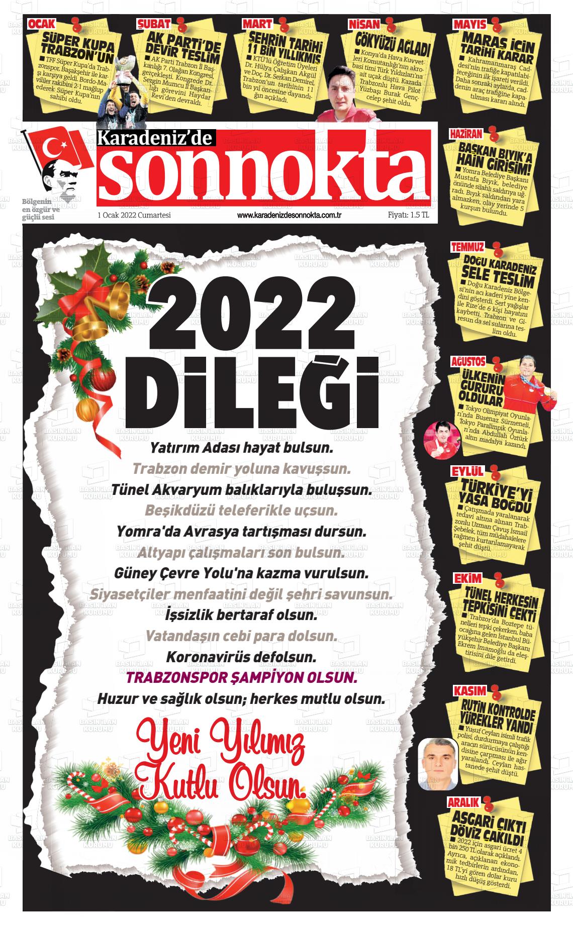 01 Ocak 2022 Karadeniz'de Sonnokta Gazete Manşeti