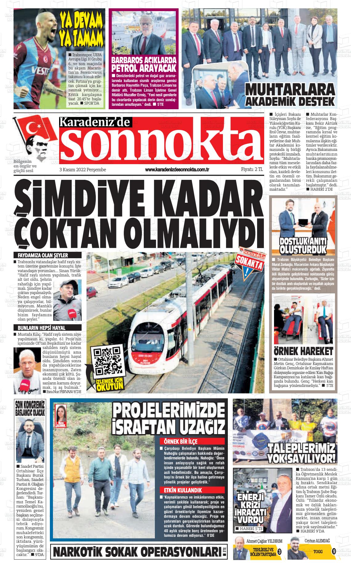 03 Kasım 2022 Karadeniz'de Sonnokta Gazete Manşeti